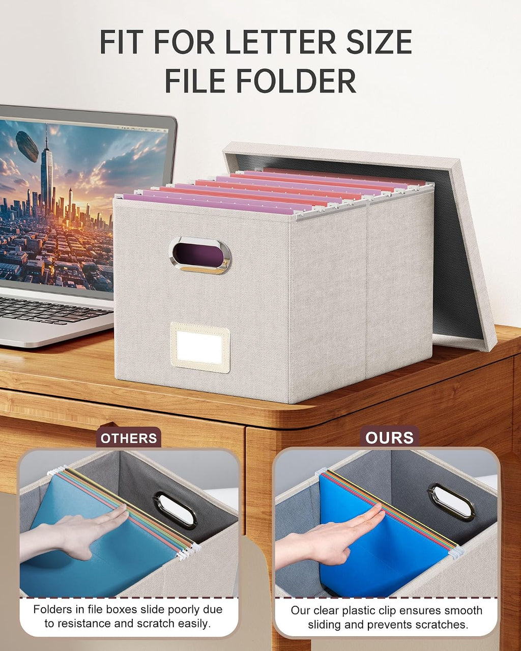 2 Pack File Storage Organizer, Document Organizer, Portable File Box with Lid, Fit for Letter/Legal File Folder Storage,Beige-Box only