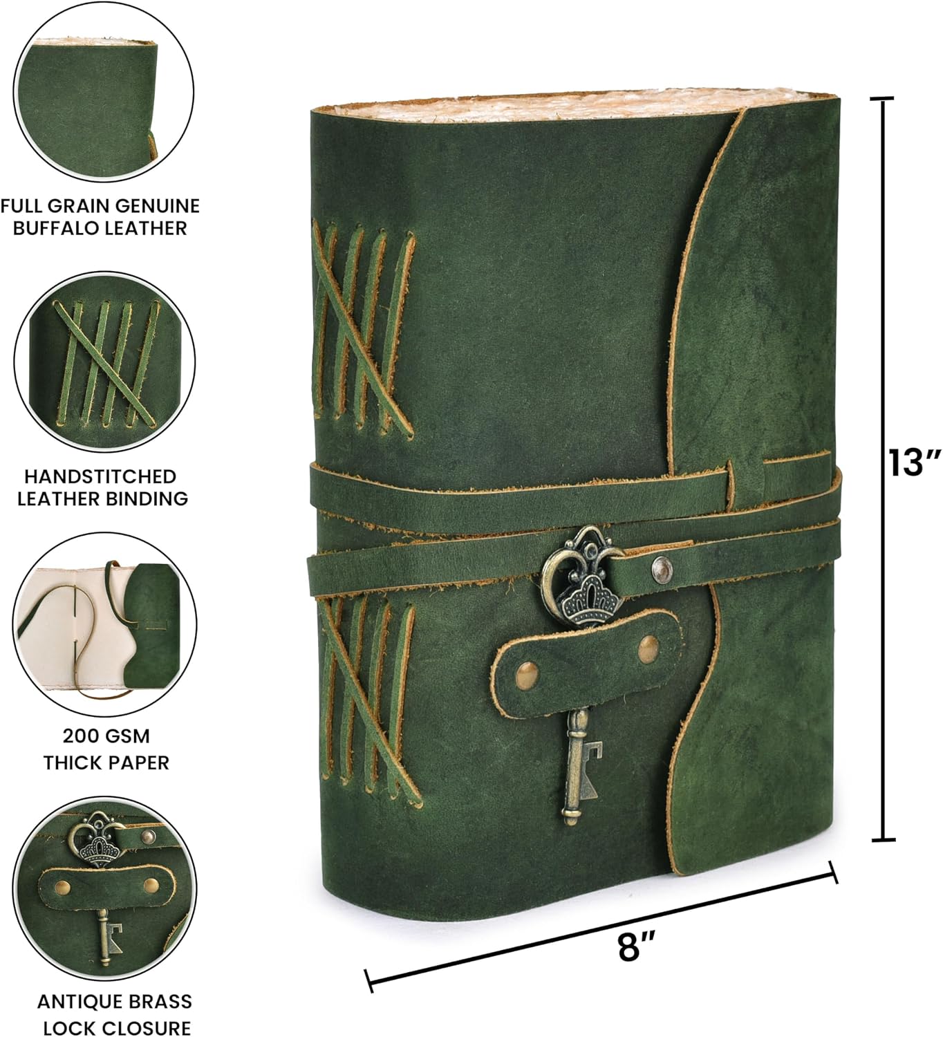 Vintage Leather Journal – 200 Handmade Vintage Watercolor Deckle Edge Paper – Leather bound Journal For Women Men – Key Lock Closure - Book of Shadows - Green - 13X8 inches