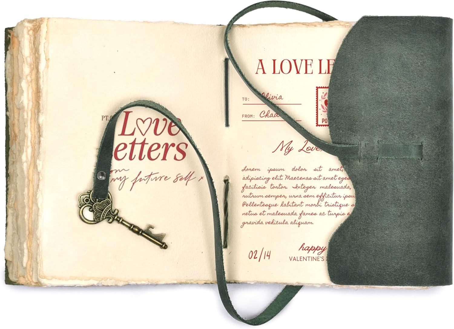 Vintage Leather Journal – 200 Handmade Vintage Watercolor Deckle Edge Paper – Leather bound Journal For Women Men – Key Lock Closure - Book of Shadows - Aqua - 13X8 inches