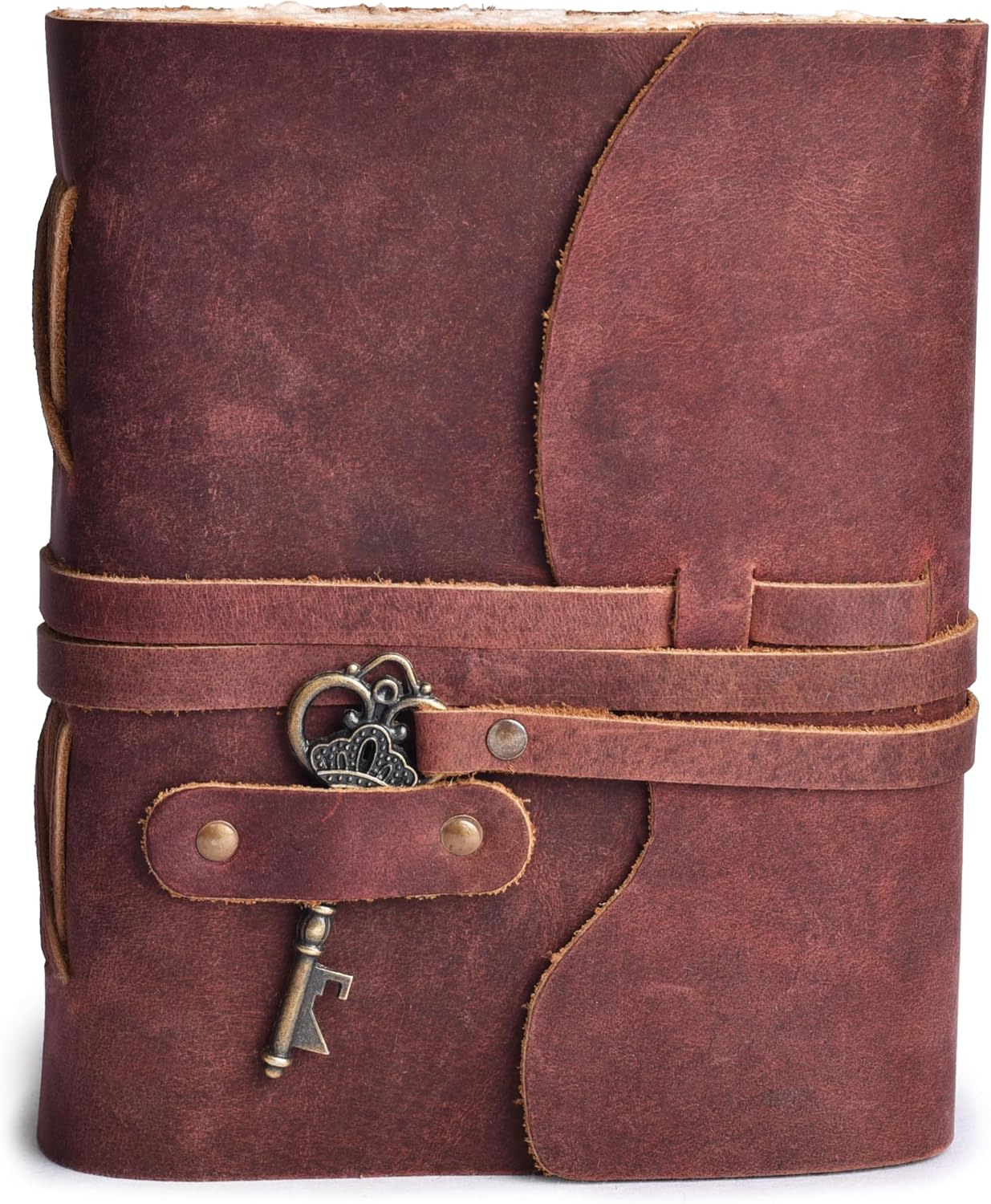 Vintage Leather Journal – 200 Handmade Vintage Watercolor Deckle Edge Paper – Leather bound Journal For Women Men – Key Lock Closure - Book of Shadows - Red Brown - 13X8 inches