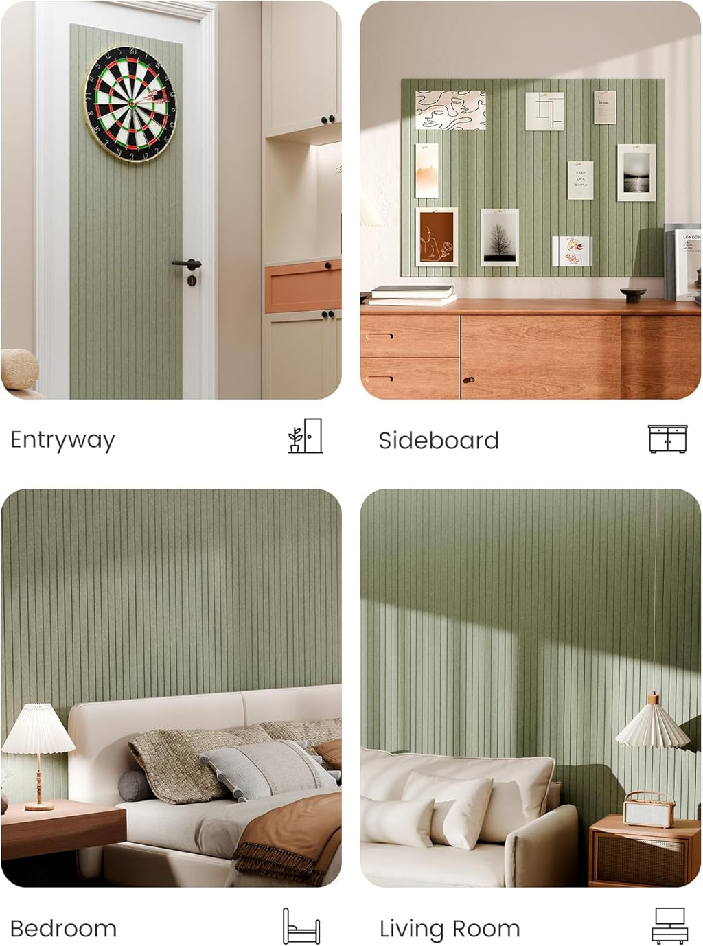 Large Cork Board Alternative - Slat Wall Paneling, Felt Bulletin Board Tiles for Office Decor, Push pin Board Office Wall Organizer -8 Vertical Stripes-12-Pack-Sage