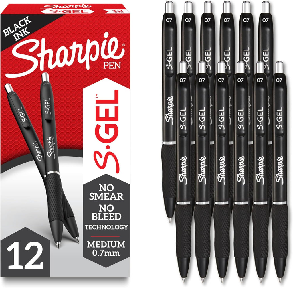 S-Gel, Gel Pens, Medium Point (0.7mm), Black Ink Gel Pen, 12 Count