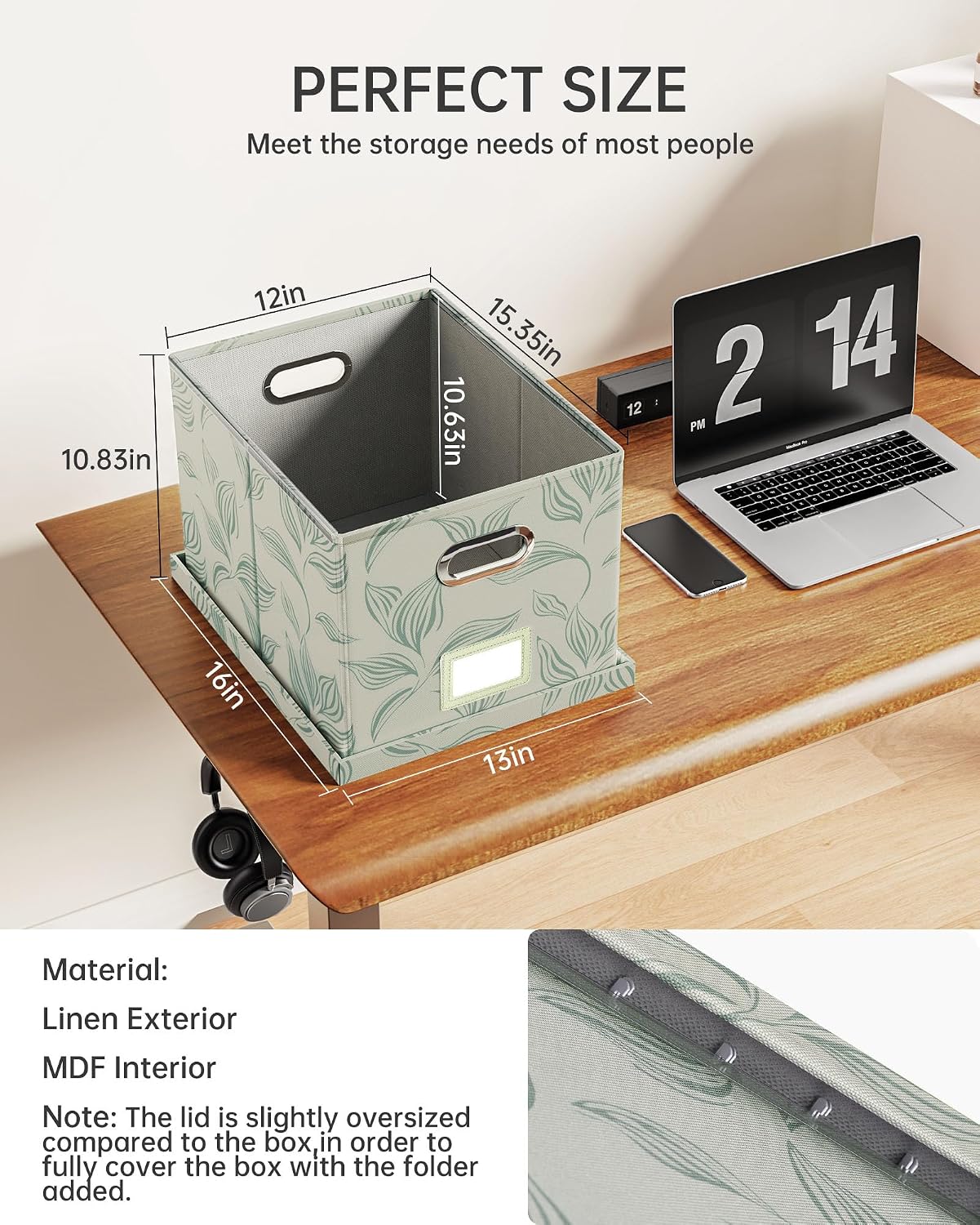 2 Pack File Storage Organizer, Document Organizer, Portable File Box with Lid, Fit for Letter/Legal File Folder Storage,Leaf Gray-Box only