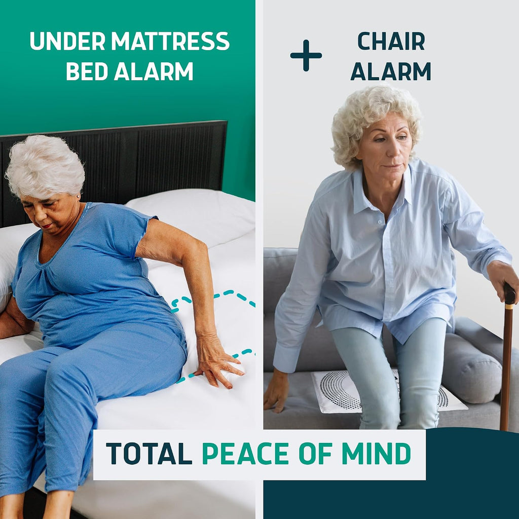 Under Mattress Bed & Chair Alarm Set - Invisible Wireless Sensor Pad with Early Alert & Pager - Our Most Advanced Fall Prevention for Dementia Care - Ideal for Loved Ones Who Refuse Help