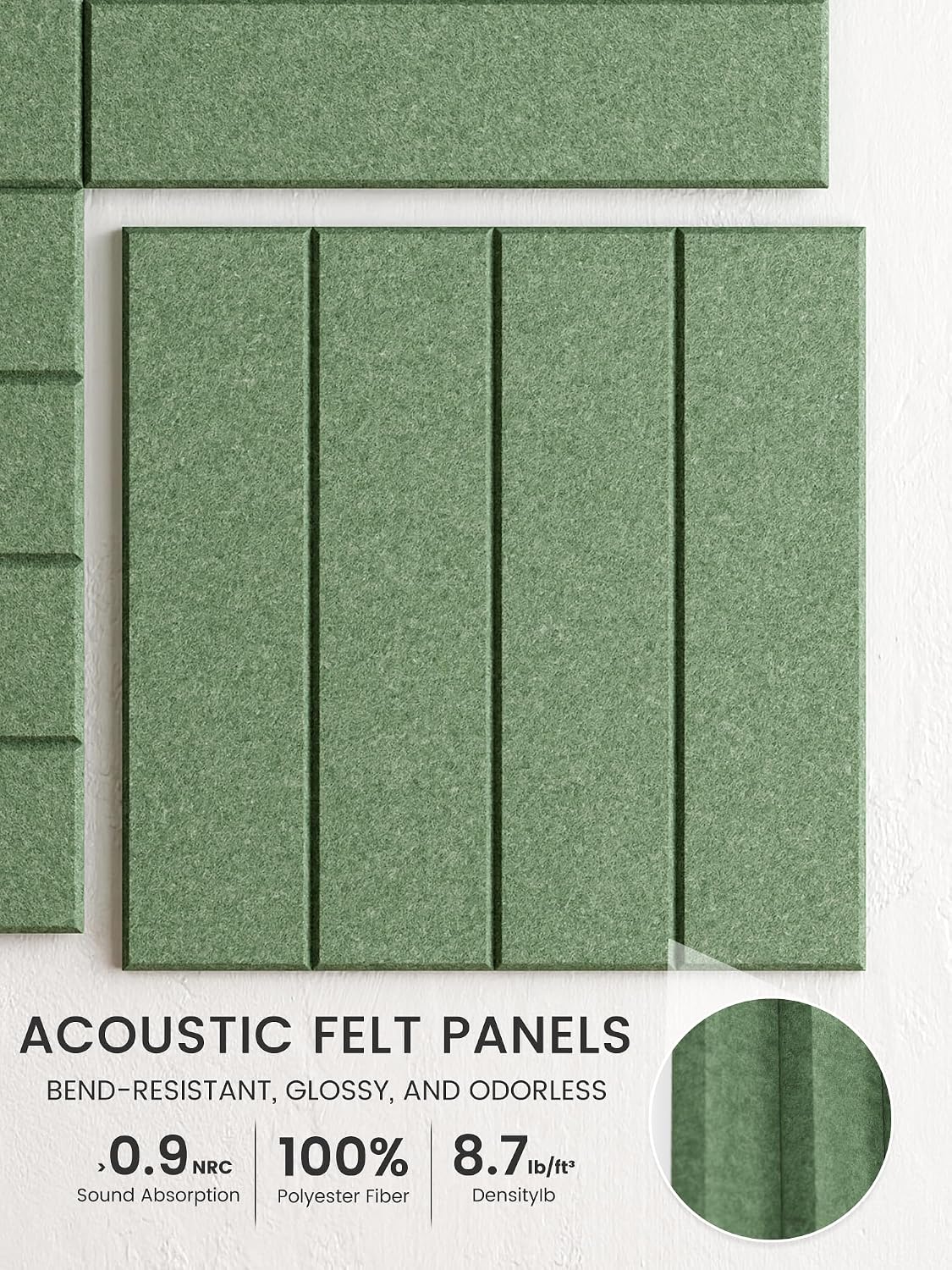 Large Felt Bulletin Board, 48" x 36" Cork Board Alternative, 12-Pack Bold Stripe Felt Wall Tiles with 30 Push Pins and 70 Adhesive Tabs, Ideal for Office, Home & Classroom, Moss Green