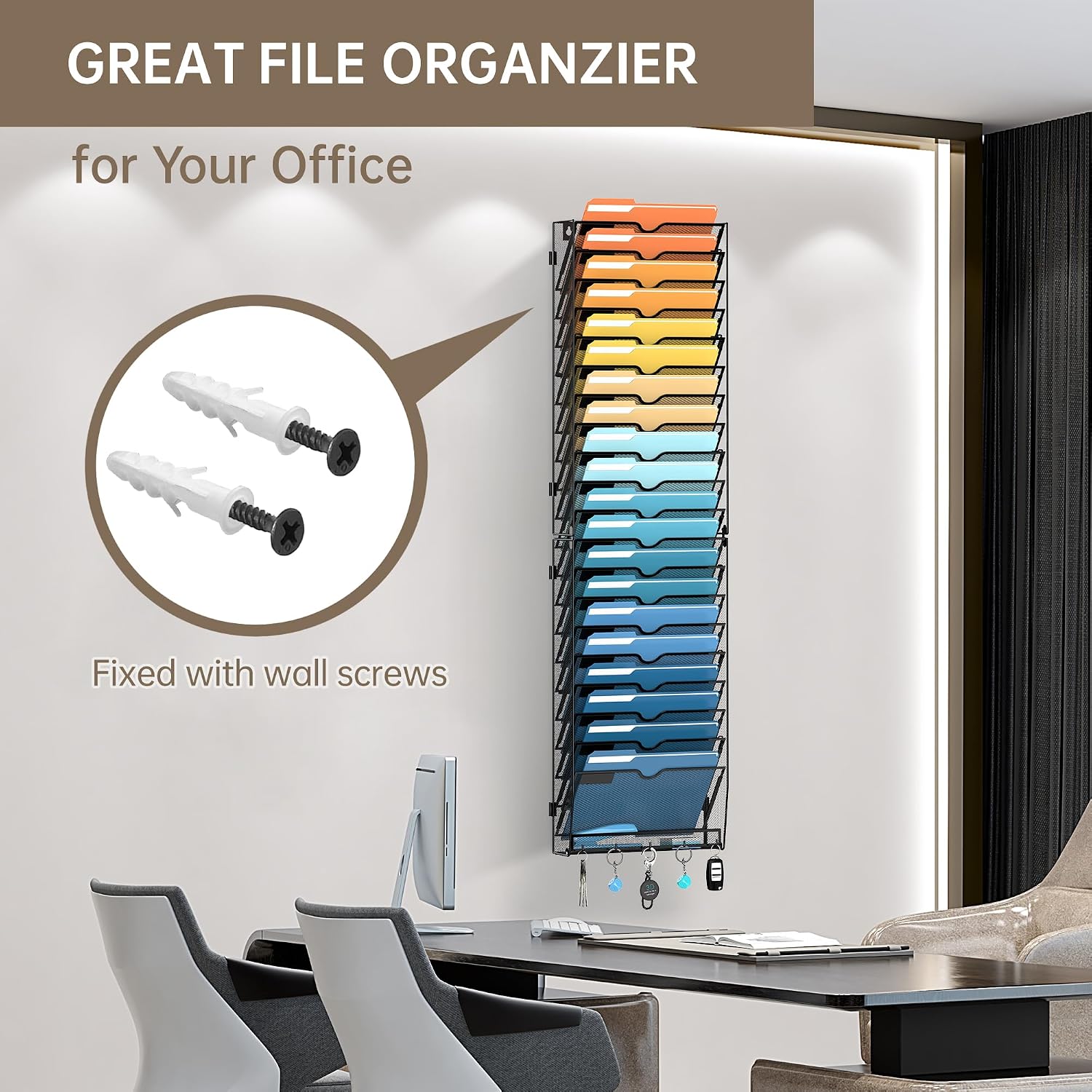 21-Tier Wall File Holder Organizer with Hooks, Mesh Hanging File Organizer, Mail Organizer Wall Mounted for Papers, Folders, Office Magazine Rack, Assembly Needed, Black