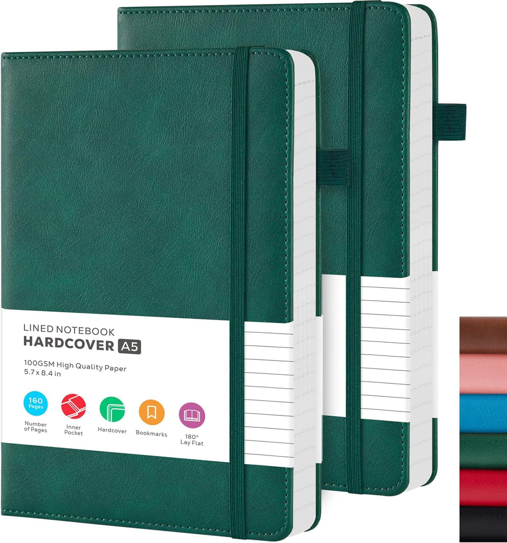 Notebook Journal for Work, 2 Pack Leather Journals for Women/Men, Hardcover Notebook for School Office Supplies, Travel Notepad with 100GSM Lined Paper, Inner Pocket, A5 (5.7"x8.4"), Green