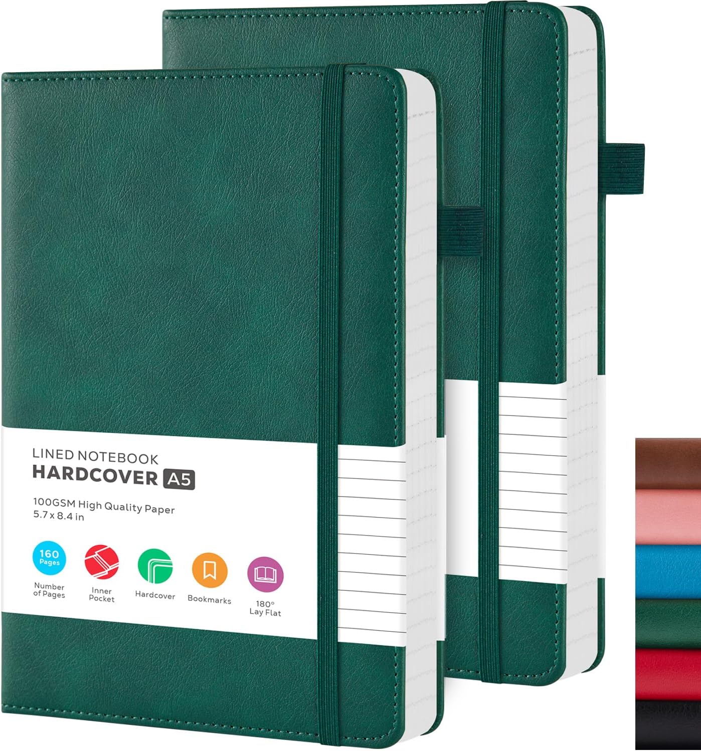 Notebook Journal for Work, 2 Pack Leather Journals for Women/Men, Hardcover Notebook for School Office Supplies, Travel Notepad with 100GSM Lined Paper, Inner Pocket, A5 (5.7"x8.4"), Green