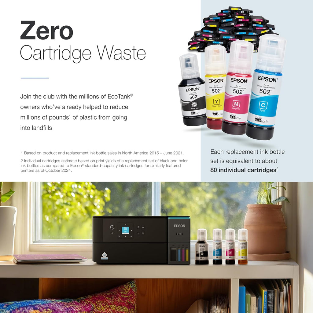 EcoTank ET-2980 Wireless All-in-One Color Supertank Printer with up to 3 Years of Ink Refillable Tanks, Perfect for Home, 15 PPM, 1.44" Colorful Screen, Auto 2-Sided Printing - Black