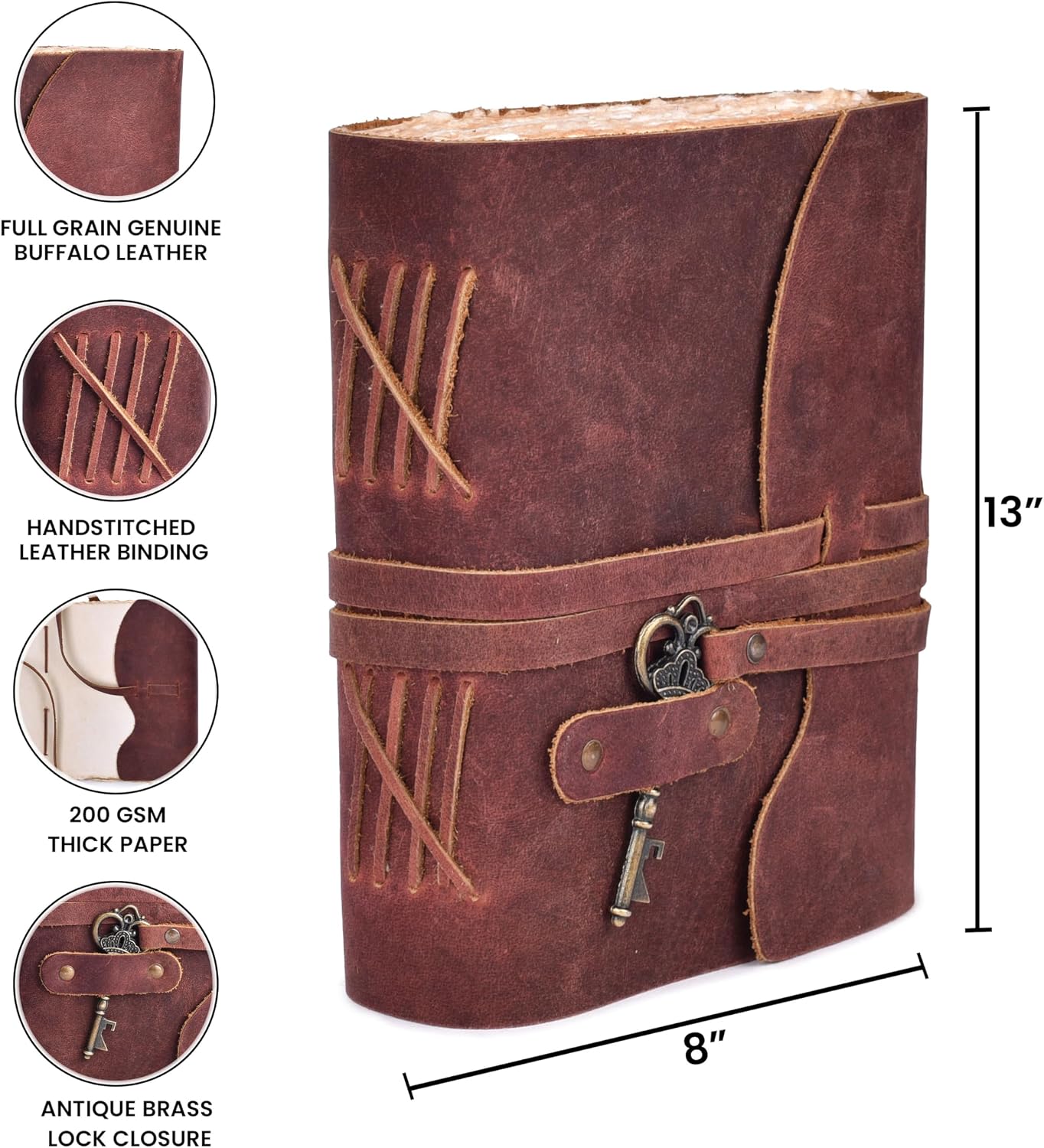Vintage Leather Journal – 200 Handmade Vintage Watercolor Deckle Edge Paper – Leather bound Journal For Women Men – Key Lock Closure - Book of Shadows - Red Brown - 13X8 inches