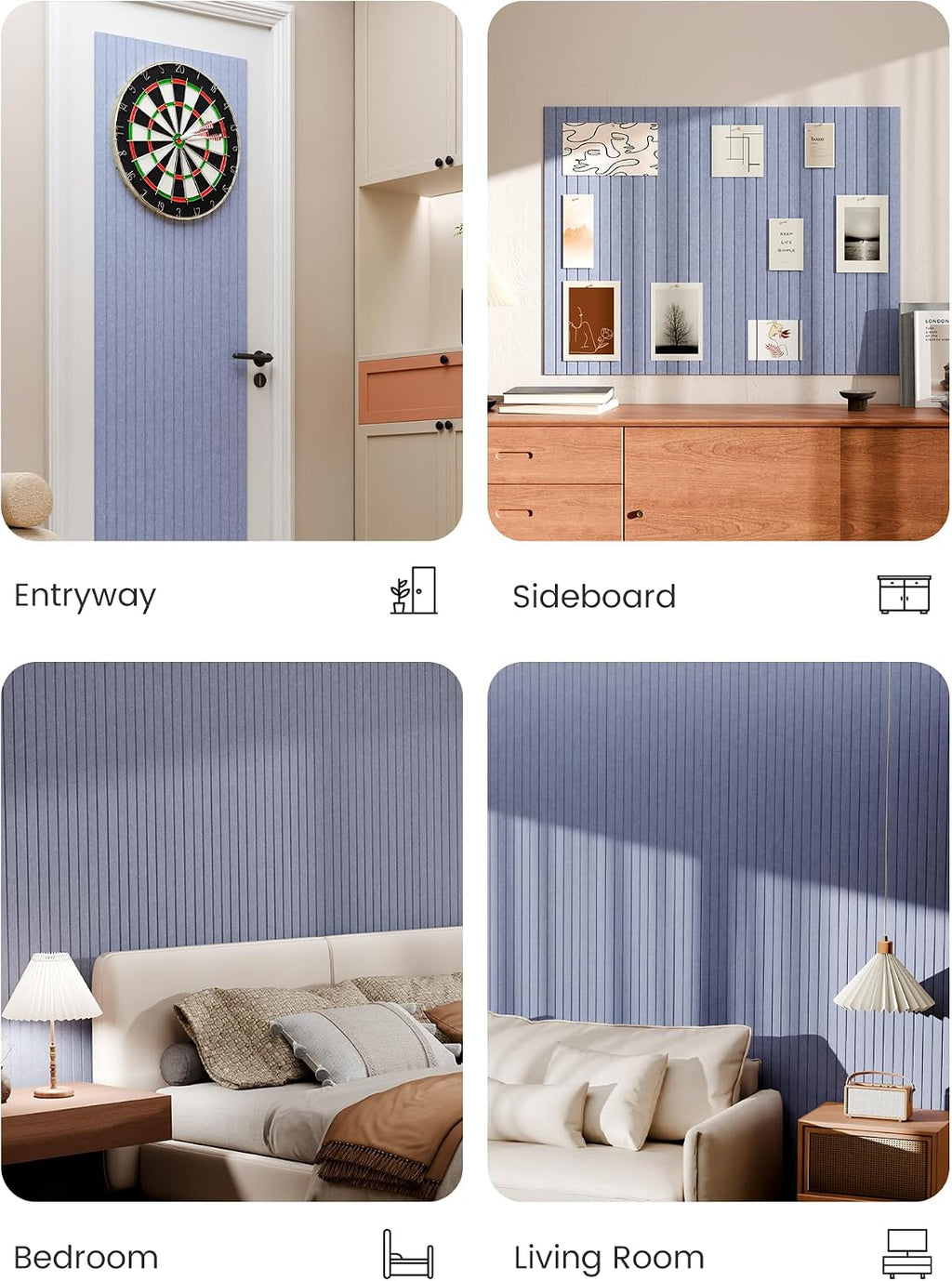 Large Felt Bulletin Board, 48" x 36" Cork Board Alternative, 12-Pack Fine Stripe Felt Wall Tiles with 30 Push Pins and 70 Adhesive Tabs, Ideal for Office, Home & Classroom, Soft Periwinkle