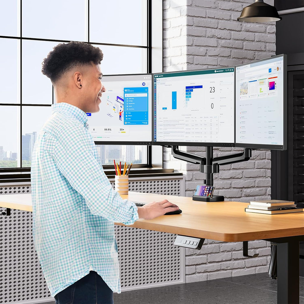 Triple Monitor Mount, 3 Monitor Desk Mount for Three Screens up to 32 Inch, Full Motion Gas Spring Heavy Duty Arm Hold up to 19.8lbs Each, VESA 75x75,100x100, Black