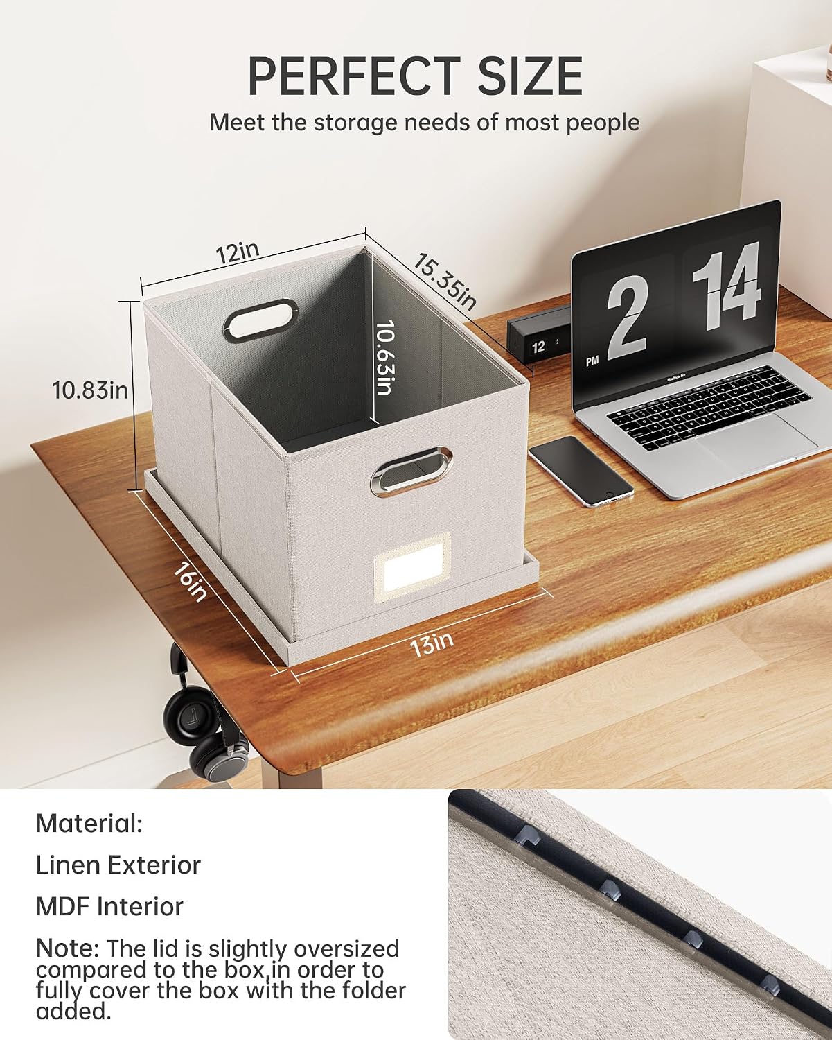 2 Pack File Storage Organizer, Document Organizer, Portable File Box with Lid, Fit for Letter/Legal File Folder Storage,Beige-Box only