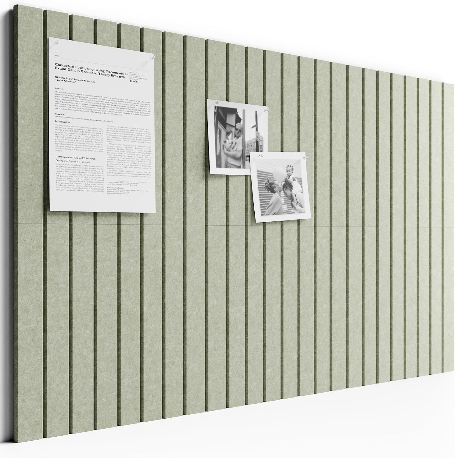 Large Cork Board Alternative - Slat Wall Paneling, Felt Bulletin Board Tiles for Office Decor, Push pin Board Office Wall Organizer -8 Vertical Stripes-6-Pack-Sage