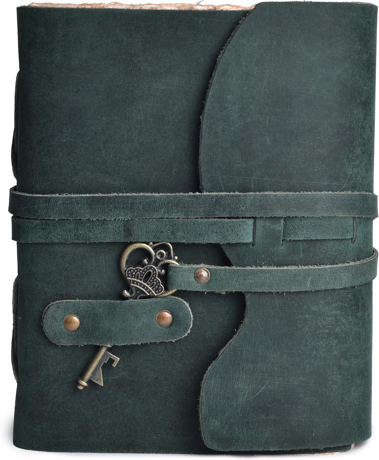 Vintage Leather Journal – 200 Handmade Vintage Watercolor Deckle Edge Paper – Leather bound Journal For Women Men – Key Lock Closure - Book of Shadows - Turquoise - 13X8 inches