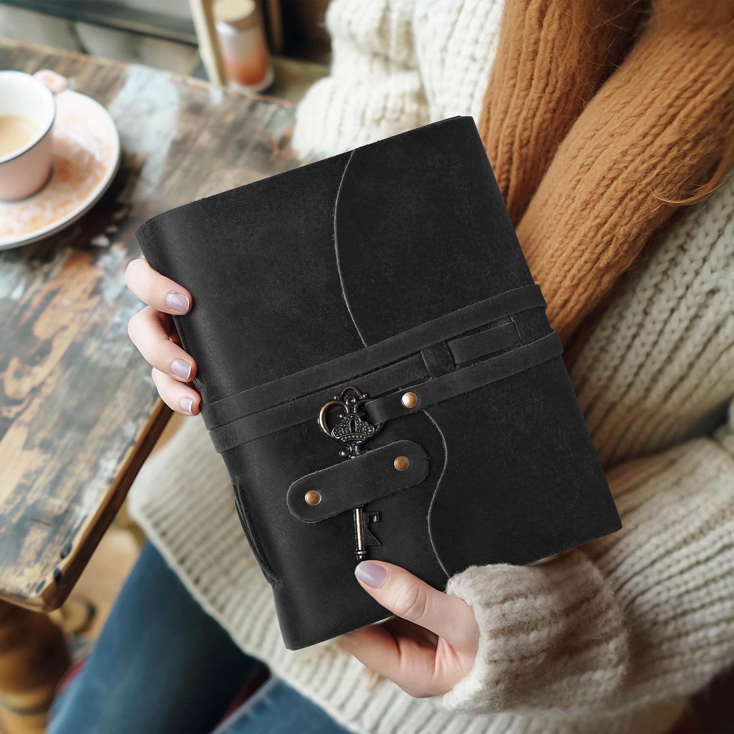 Vintage Leather Journal – 200 Handmade Vintage Watercolor Deckle Edge Paper – Leather bound Journal For Women Men – Key Lock Closure - Book of Shadows - Black - 13X8 inches