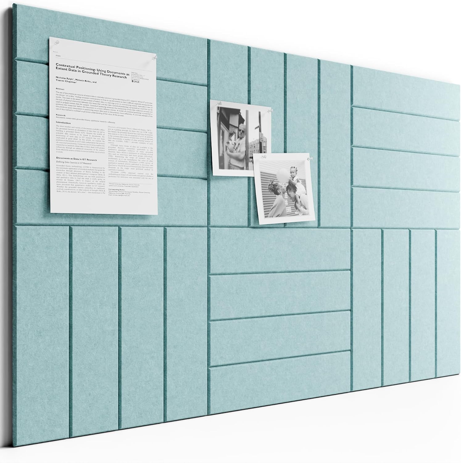 Large Felt Bulletin Board, 36" x 24" Cork Board Alternative, 6-Pack Bold Stripe Felt Wall Tiles with 30 Push Pins and 40 Adhesive Tabs, Ideal for Office, Home & Classroom, Teal Blue