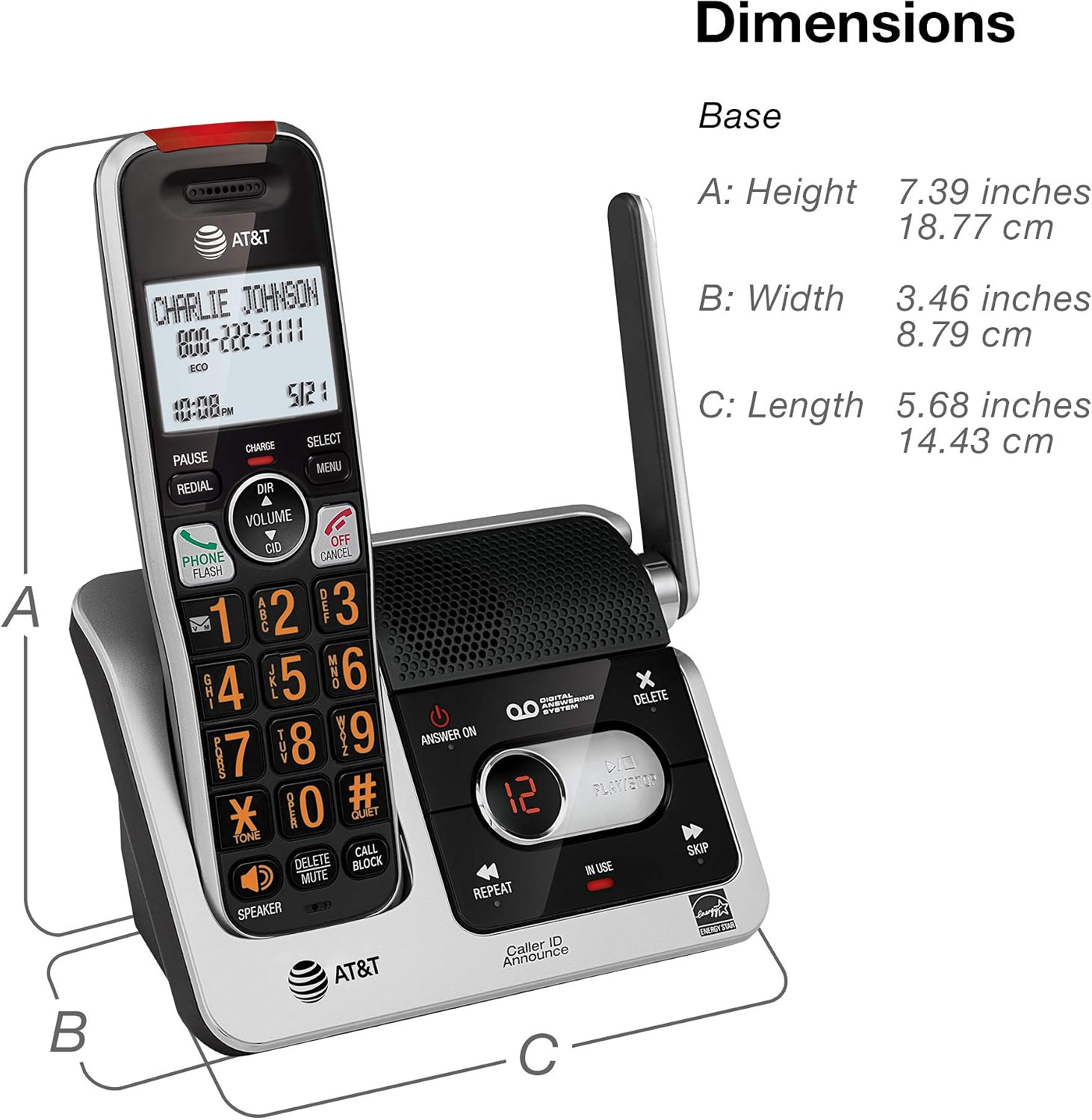AT&T BL102-3 DECT 6.0 3-Handset Cordless Phone for Home with Answering Machine, Call Blocking, Caller ID Announcer, Audio Assist, Intercom, and Unsurpassed Range, Silver/Black
