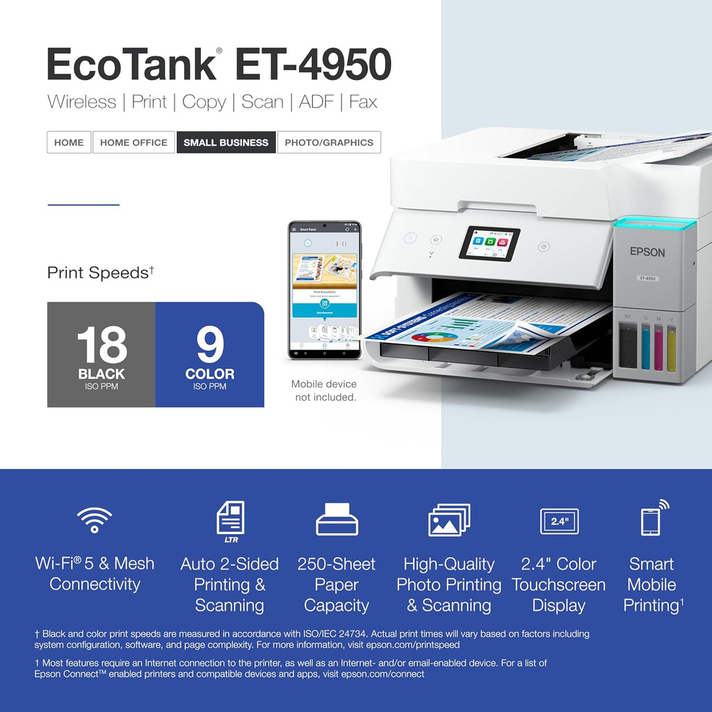 EcoTank ET-4950 Wireless All-in-One Color Supertank Printer with up to 3 Years of Ink Refillable Tanks, Perfect for Office, 18 PPM, 2.4" Colorful Touchscreen, Auto Document Feeder - White