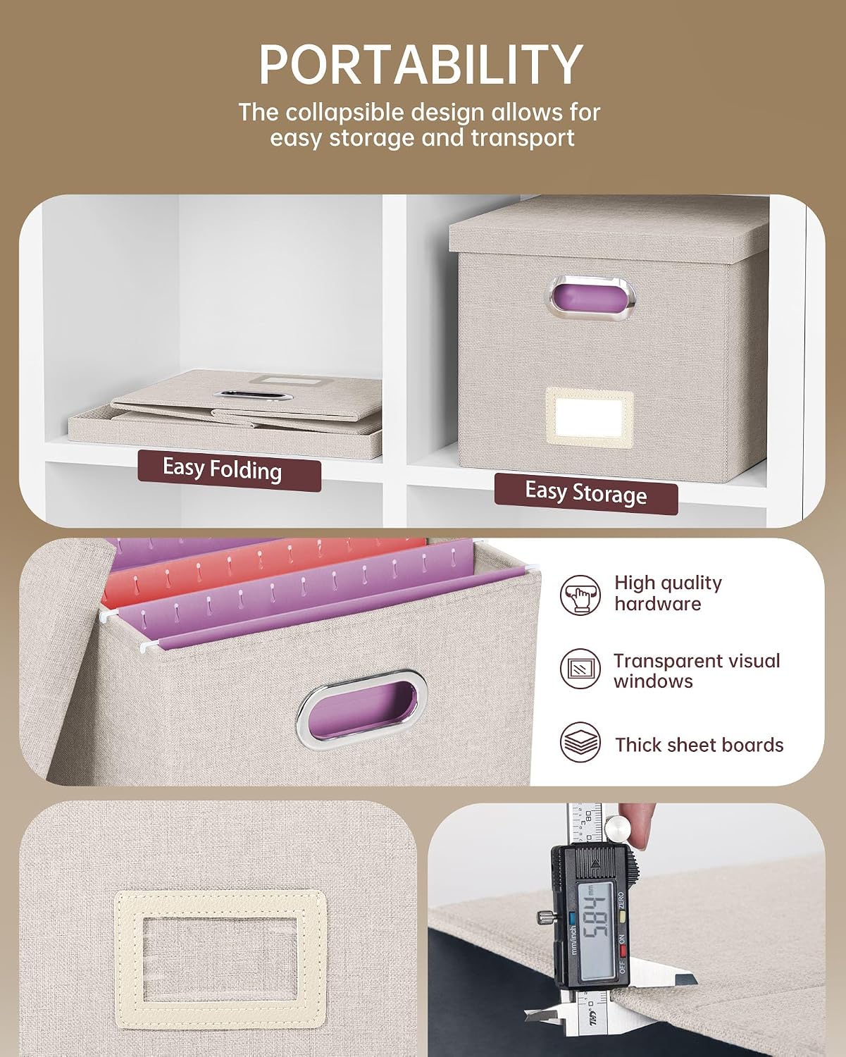 2 Pack File Storage Organizer, Document Organizer, Portable File Box with Lid, Fit for Letter/Legal File Folder Storage,Beige-Box only