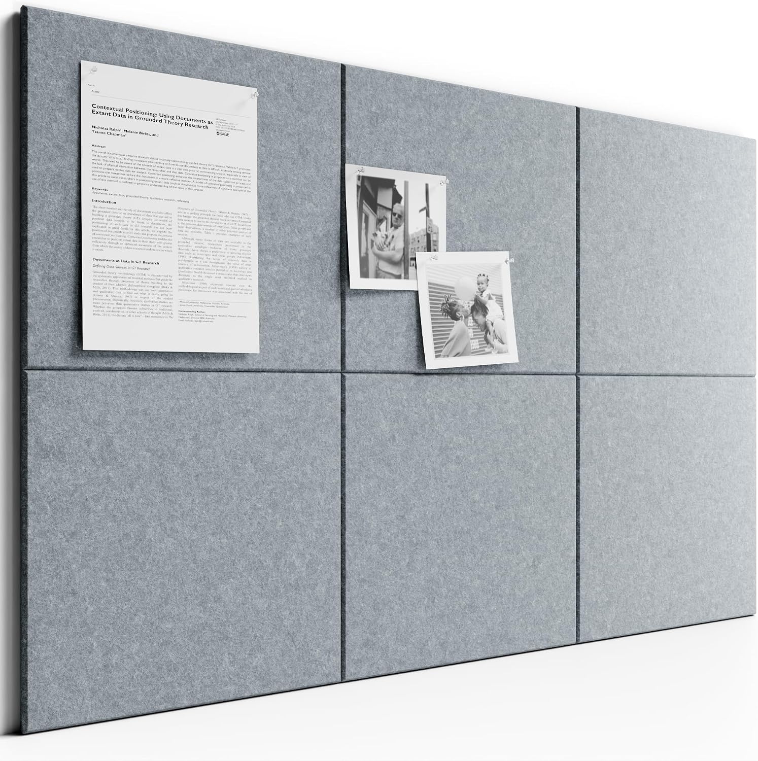 Large Felt Bulletin Board, 36" x 24" Cork Board Alternative, 6-Pack Solid Felt Wall Tiles with 30 Push Pins and 40 Adhesive Tabs, Ideal for Office, Home & Classroom, Blue Gray