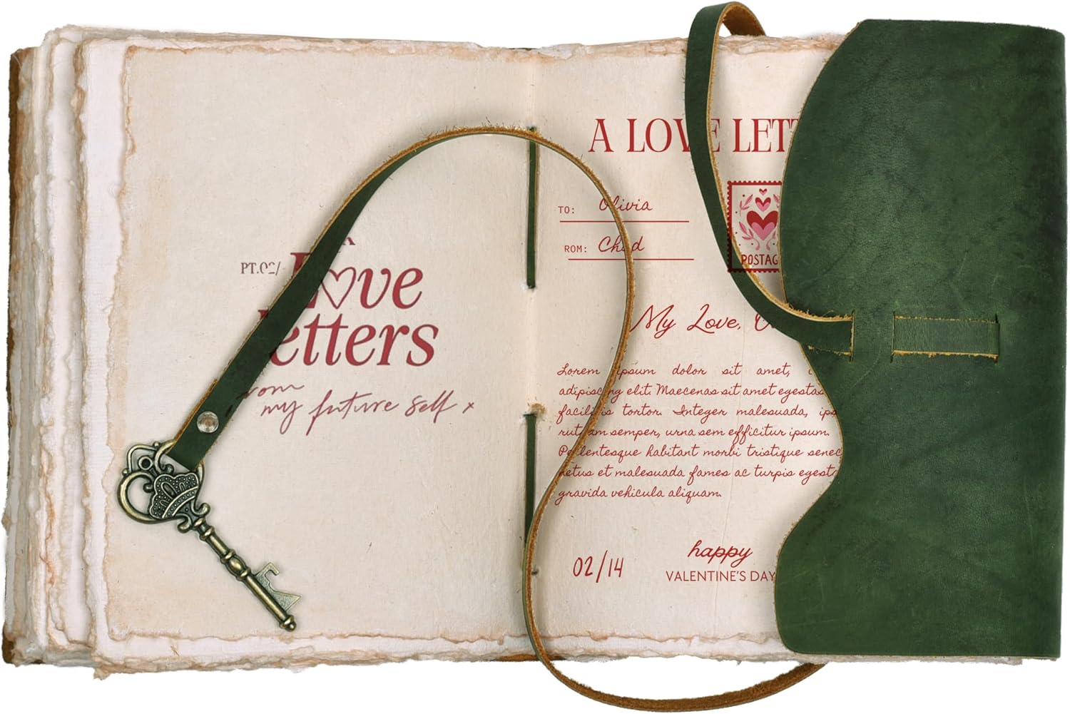 Vintage Leather Journal – 200 Handmade Vintage Watercolor Deckle Edge Paper – Leather bound Journal For Women Men – Key Lock Closure - Book of Shadows - Green - 13X8 inches