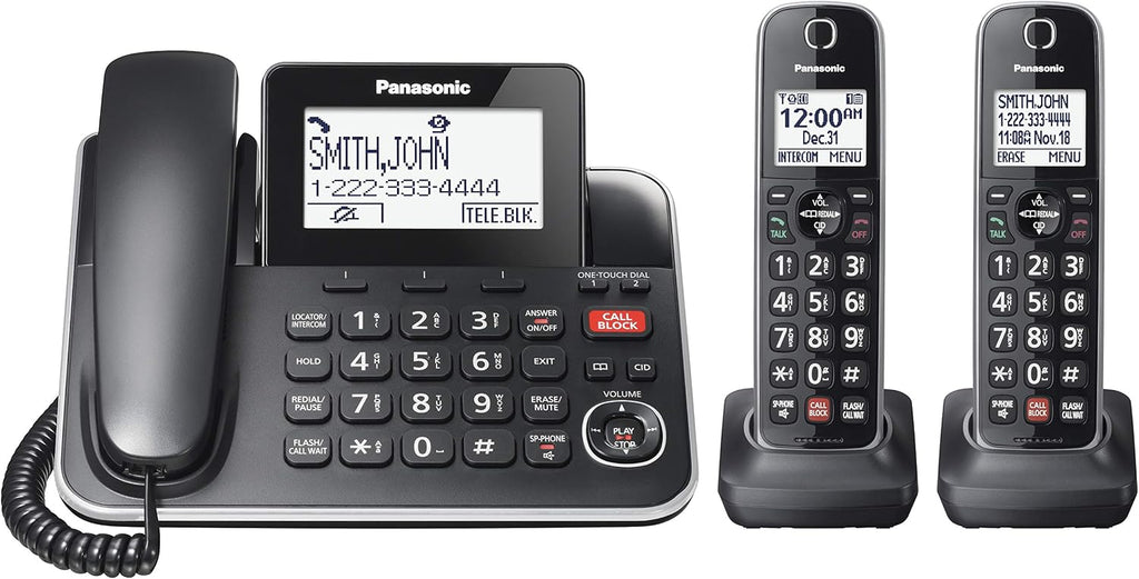 DECT 6.0 2-in-1 Corded/Cordless Phone with Answering Machine, Advanced Call Block (1,000 numbers), and Talking Caller ID - 2 Cordless Handset - KX-TGF872CB (Black)