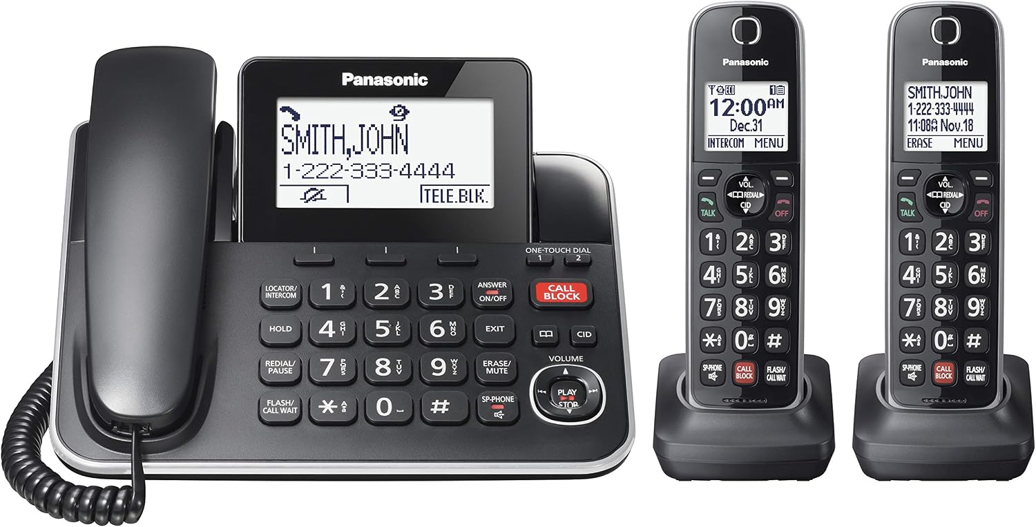 DECT 6.0 2-in-1 Corded/Cordless Phone with Answering Machine, Advanced Call Block (1,000 numbers), and Talking Caller ID - 2 Cordless Handset - KX-TGF872CB (Black)