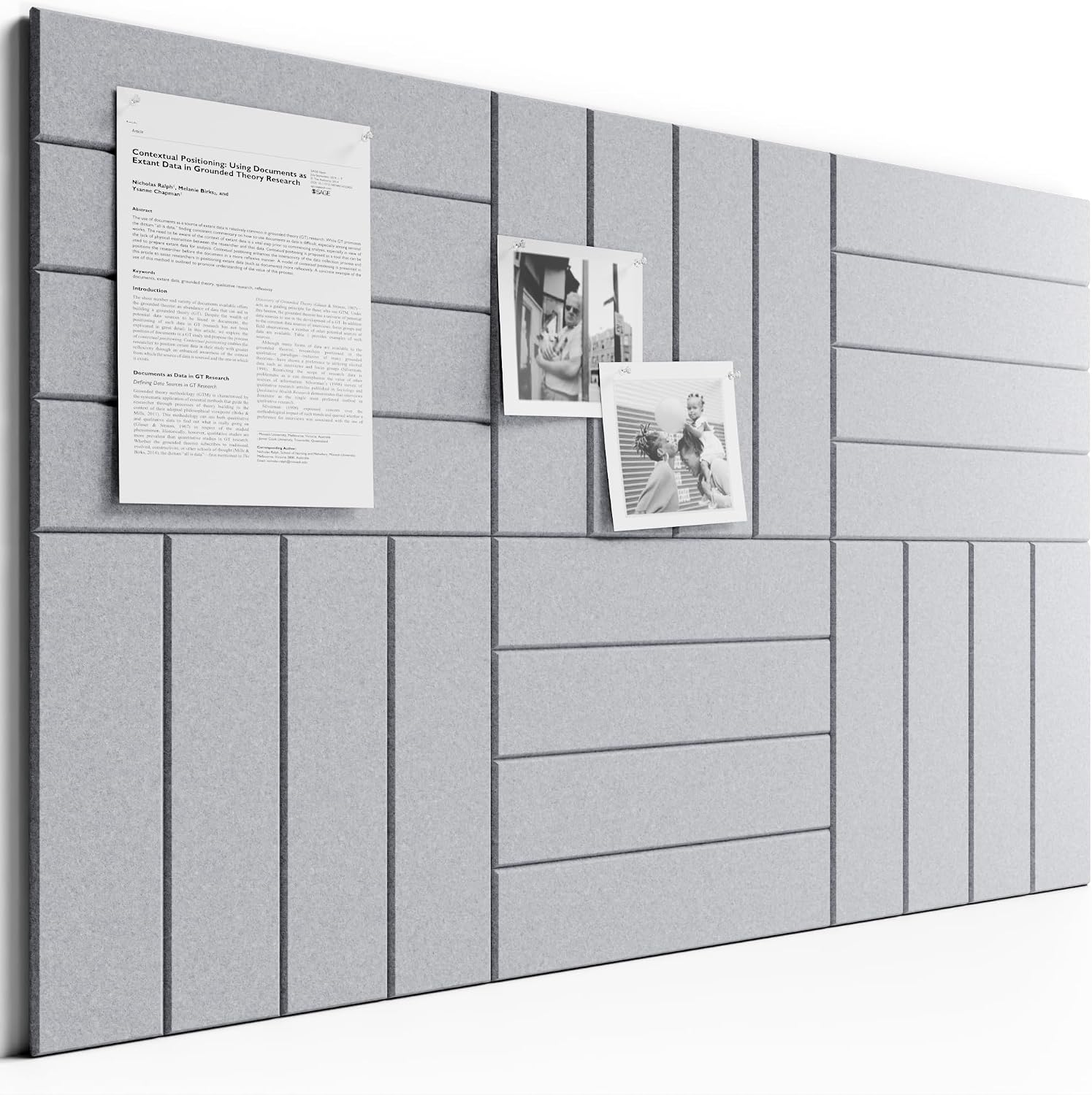 Large Felt Bulletin Board, 36" x 24" Cork Board Alternative, 6-Pack Bold Stripe Felt Wall Tiles with 30 Push Pins and 40 Adhesive Tabs, Ideal for Office, Home & Classroom, Soft Gray