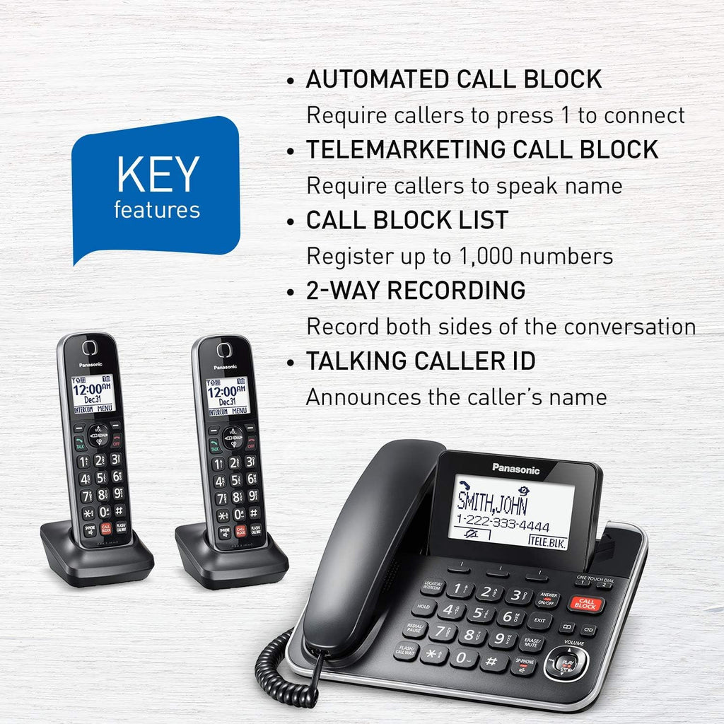 DECT 6.0 2-in-1 Corded/Cordless Phone with Answering Machine, Advanced Call Block (1,000 numbers), and Talking Caller ID - 2 Cordless Handset - KX-TGF872CB (Black)
