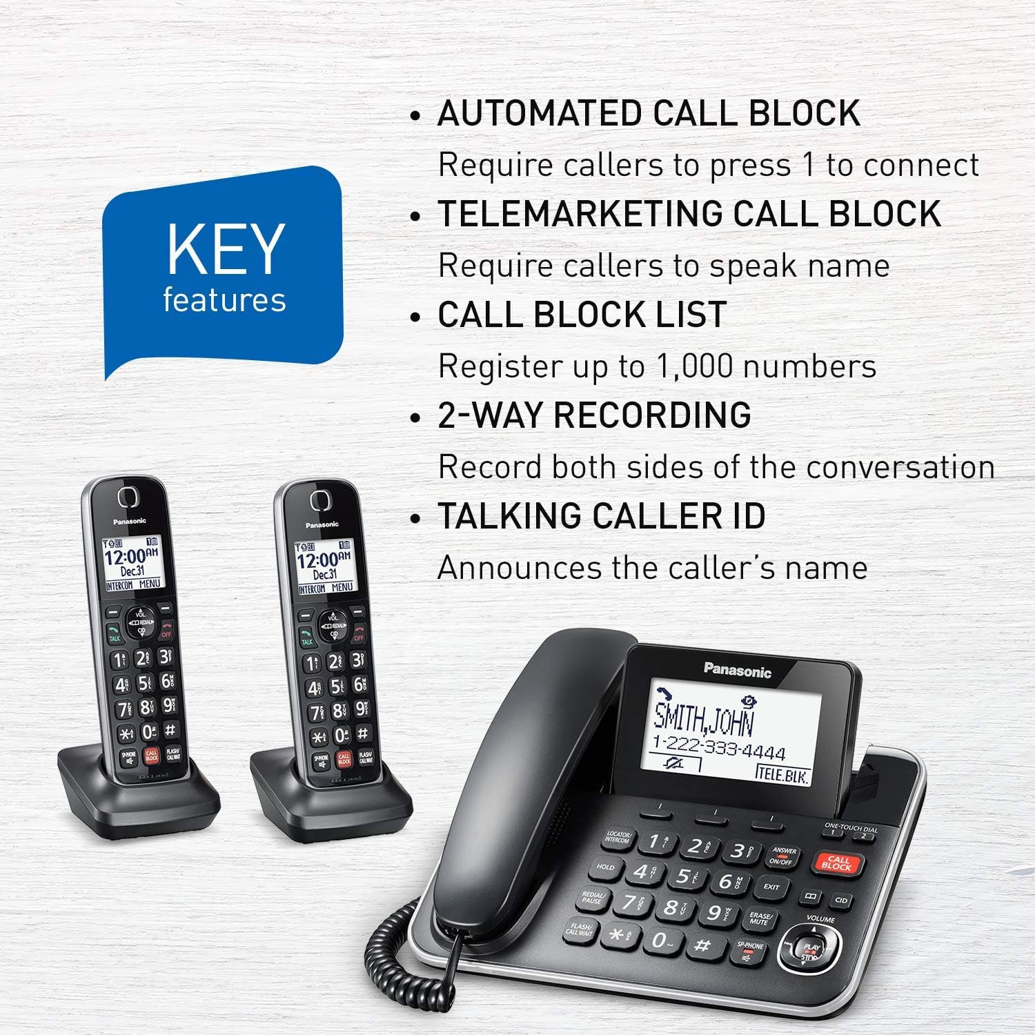 DECT 6.0 2-in-1 Corded/Cordless Phone with Answering Machine, Advanced Call Block (1,000 numbers), and Talking Caller ID - 2 Cordless Handset - KX-TGF872CB (Black)
