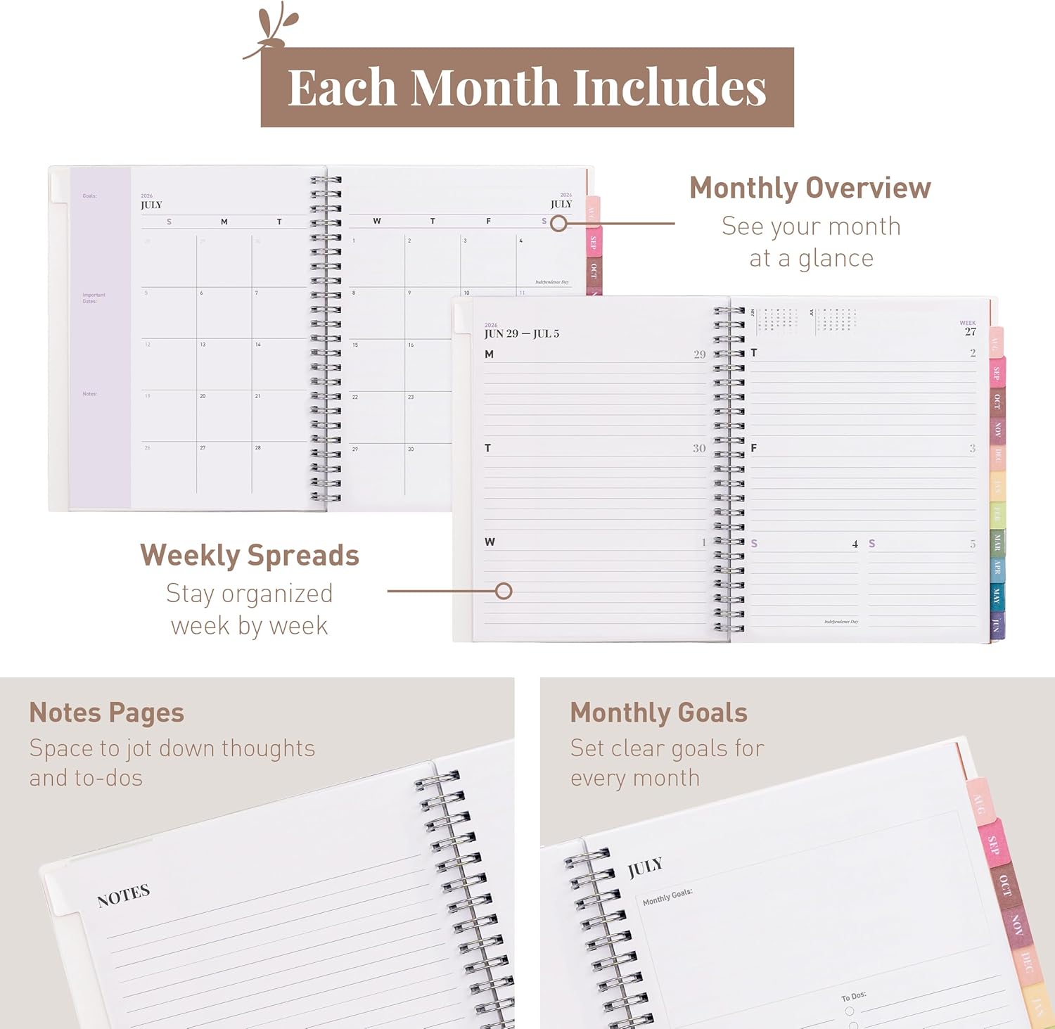 Rileys Academic Planner 2026-2027, Daily, Weekly & Monthly Planner, July 2026 - June 2027, Student Notes Pages, Twin-Wire Binding Weekly Agenda for School & Work (20 x 15 cm, Lilac)