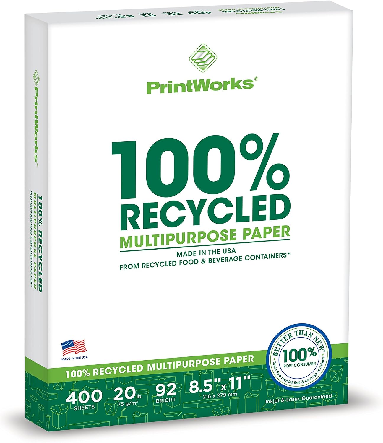 100% Recycled Printer Paper 8.5" x 11" White - 20 lb Copy & Multipurpose Computer Paper - 6 Packs, 2400 Sheets - Made in The USA - 92 Bright - Printer & Copier Compatible (00018C)