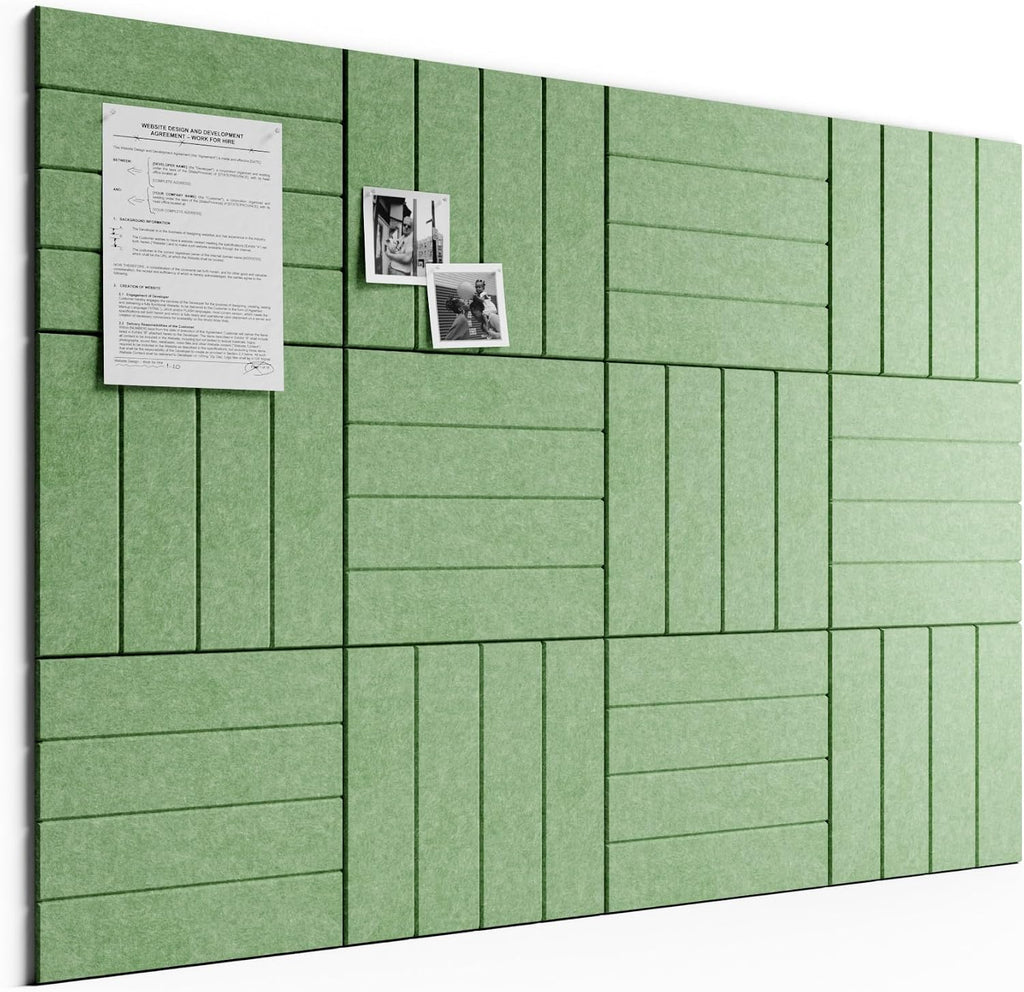 Large Felt Bulletin Board, 48" x 36" Cork Board Alternative, 12-Pack Bold Stripe Felt Wall Tiles with 30 Push Pins and 70 Adhesive Tabs, Ideal for Office, Home & Classroom, Moss Green