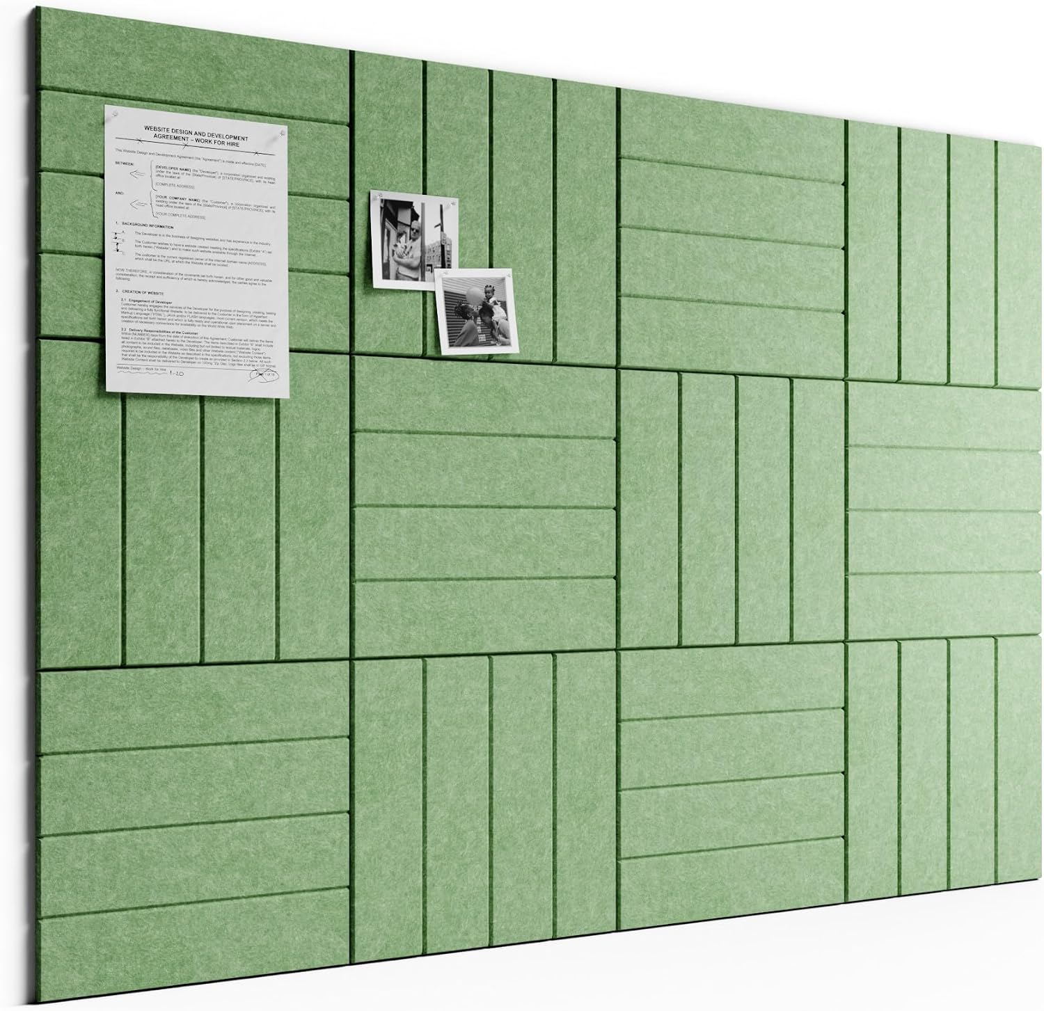 Large Felt Bulletin Board, 48" x 36" Cork Board Alternative, 12-Pack Bold Stripe Felt Wall Tiles with 30 Push Pins and 70 Adhesive Tabs, Ideal for Office, Home & Classroom, Moss Green