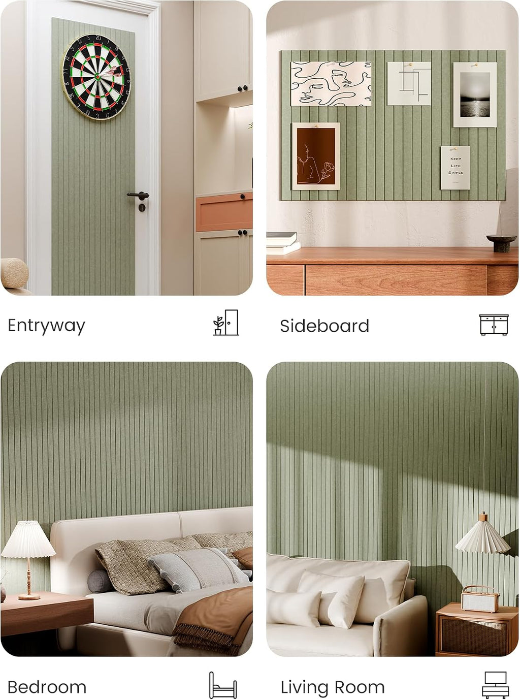 Large Cork Board Alternative - Slat Wall Paneling, Felt Bulletin Board Tiles for Office Decor, Push pin Board Office Wall Organizer -8 Vertical Stripes-6-Pack-Sage