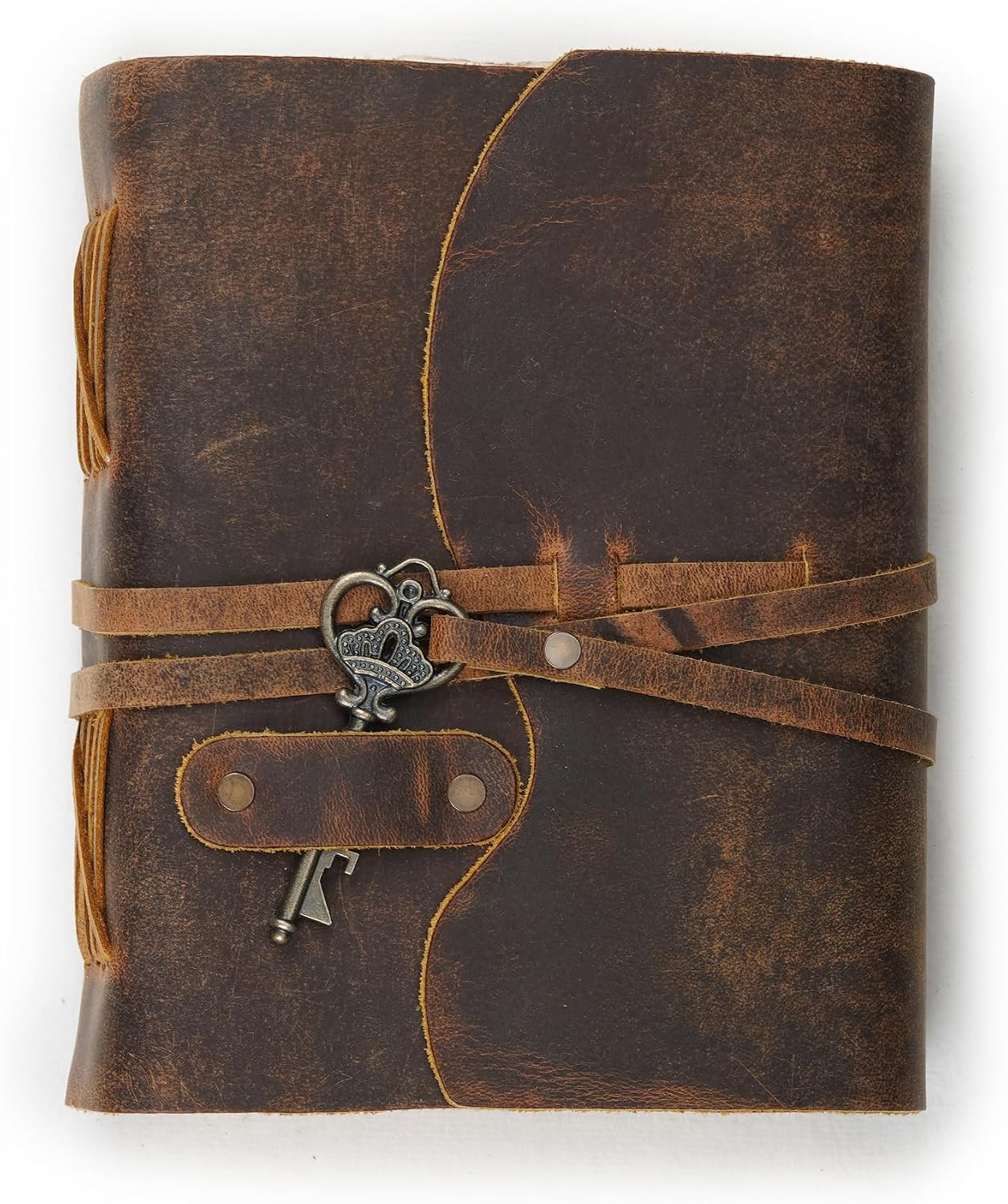 Vintage Leather Journal – 200 Handmade Vintage Watercolor Deckle Edge Paper – Leather bound Journal For Women Men – Key Lock Closure - Book of Shadows - Cappuccino Brown - 13X8 inches