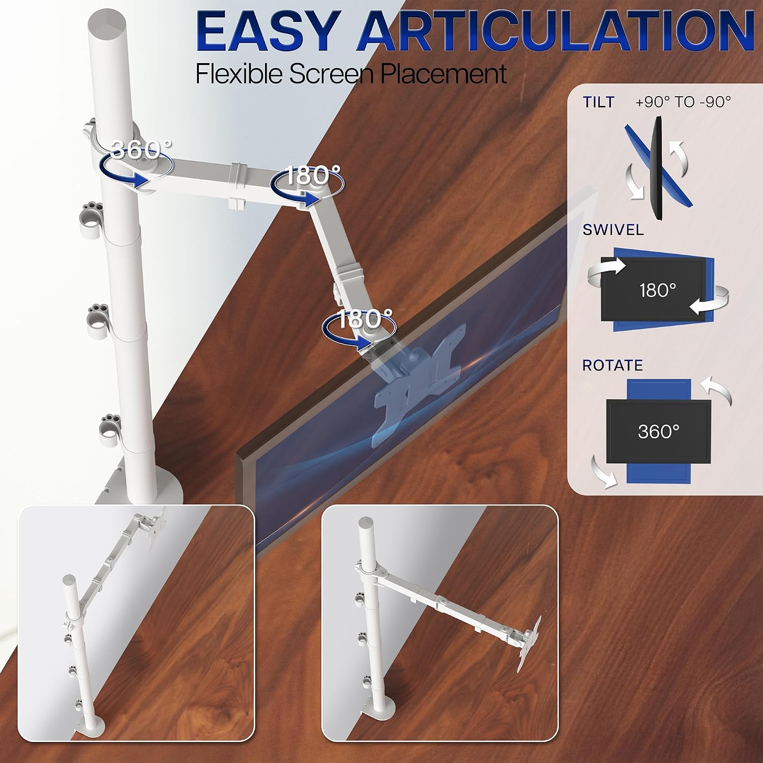 Extra Tall Single Monitor Desk Mount Stand with 39 inch Pole, Features Full Adjustability - Tilt and Articulation, Holds 13 to 32 inch Screens up to 10kg with VESA Mounting, White, STAND-V011W