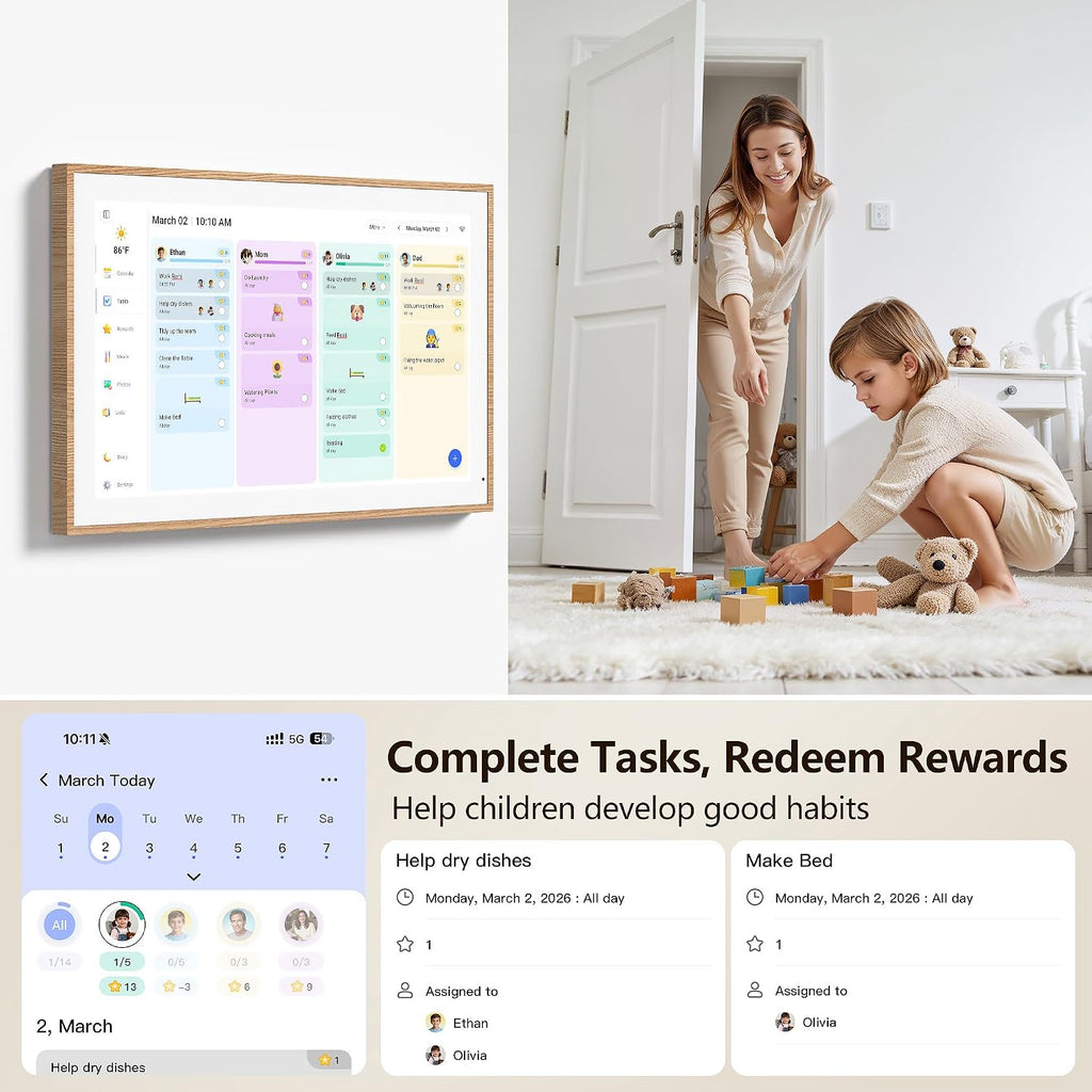Digital Calendar, 15.6 Inch Wall Planner Electronic Calendar & Chore Chart, Smart Touchscreen Interactive Display for Family Schedules, Great for Organizing Your Routines, Wall & Desk Mountable (Teak Wood, 15.6 Inch)