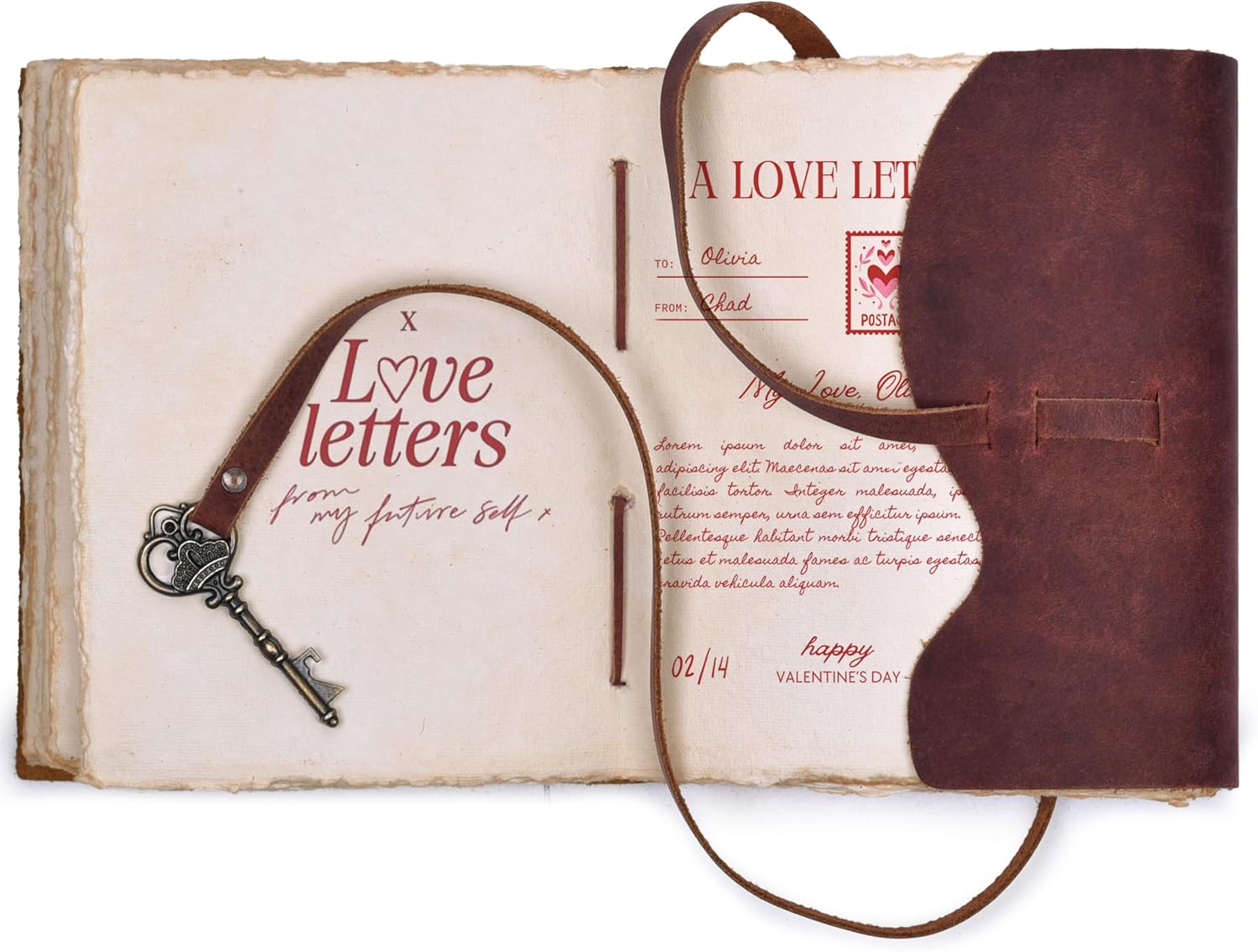 Vintage Leather Journal – 200 Handmade Vintage Watercolor Deckle Edge Paper – Leather bound Journal For Women Men – Key Lock Closure - Book of Shadows - Red Brown - 13X8 inches