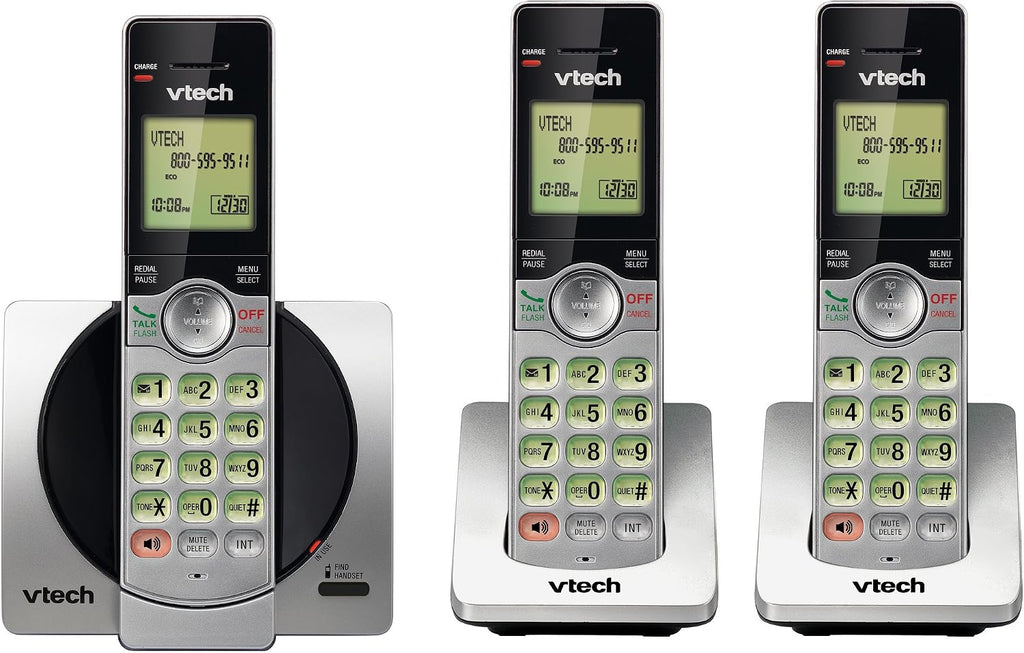 DECT 6.0 Three Handset Cordless Phone with CID, Backlit Keypads and Screens, Full Duplex Handset Speakerphones, Call Block, (Not Answering Machine Version) Silver/Black