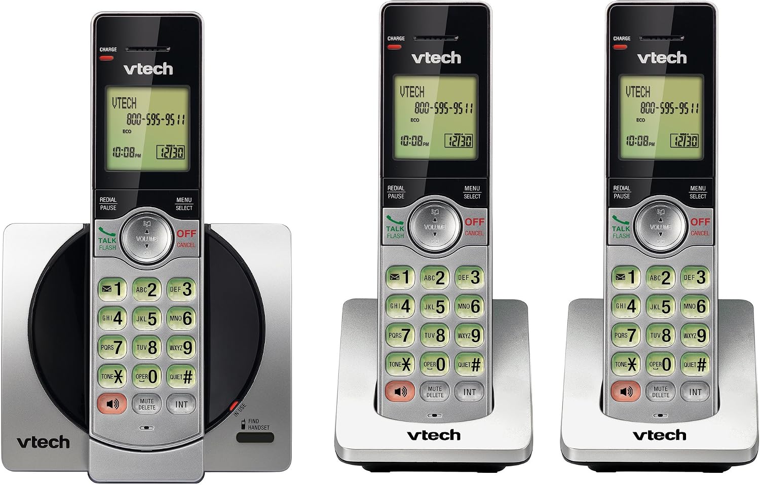 DECT 6.0 Three Handset Cordless Phone with CID, Backlit Keypads and Screens, Full Duplex Handset Speakerphones, Call Block, (Not Answering Machine Version) Silver/Black