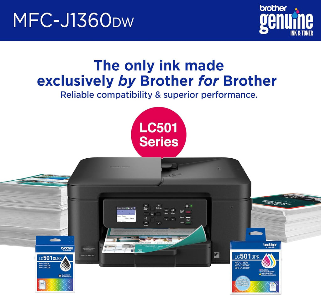 Work Smart 1360 Wireless Color Inkjet All-in-One Printer with Automatic Duplex Printing and 1.8” Color Display | Includes Refresh Subscription Trial(1) (MFC-J1360DW) (Uses LC501 Series Inks)