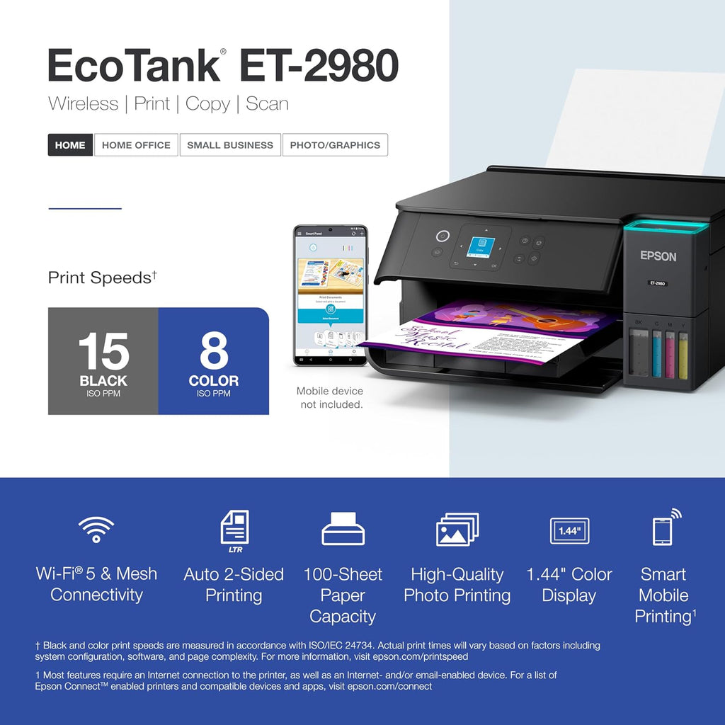 EcoTank ET-2980 Wireless All-in-One Color Supertank Printer with up to 3 Years of Ink Refillable Tanks, Perfect for Home, 15 PPM, 1.44" Colorful Screen, Auto 2-Sided Printing - Black
