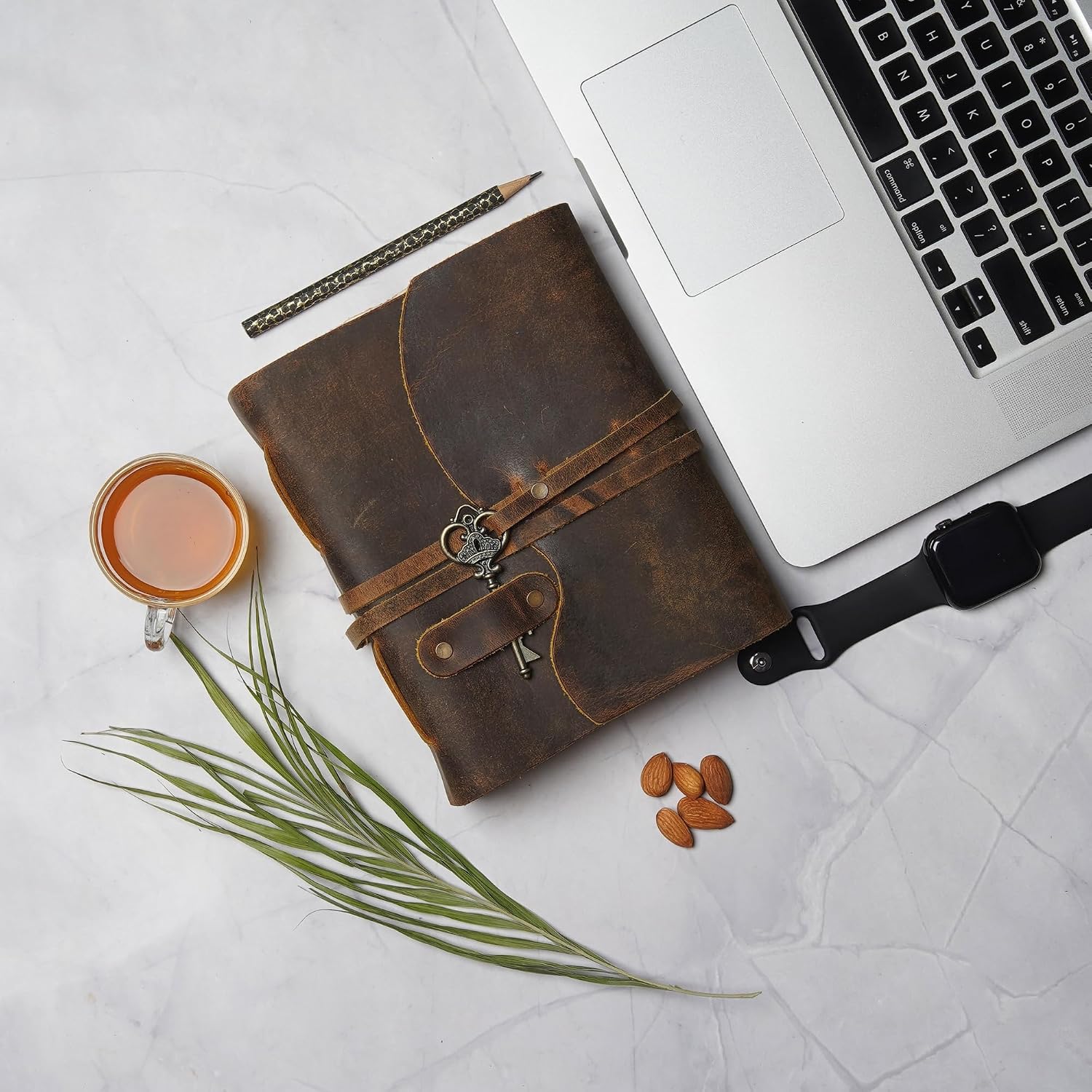 Vintage Leather Journal – 200 Handmade Vintage Watercolor Deckle Edge Paper – Leather bound Journal For Women Men – Key Lock Closure - Book of Shadows - Cappuccino Brown - 13X8 inches