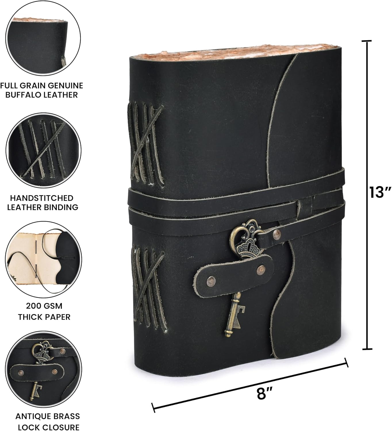 Vintage Leather Journal – 200 Handmade Vintage Watercolor Deckle Edge Paper – Leather bound Journal For Women Men – Key Lock Closure - Book of Shadows - Black - 13X8 inches