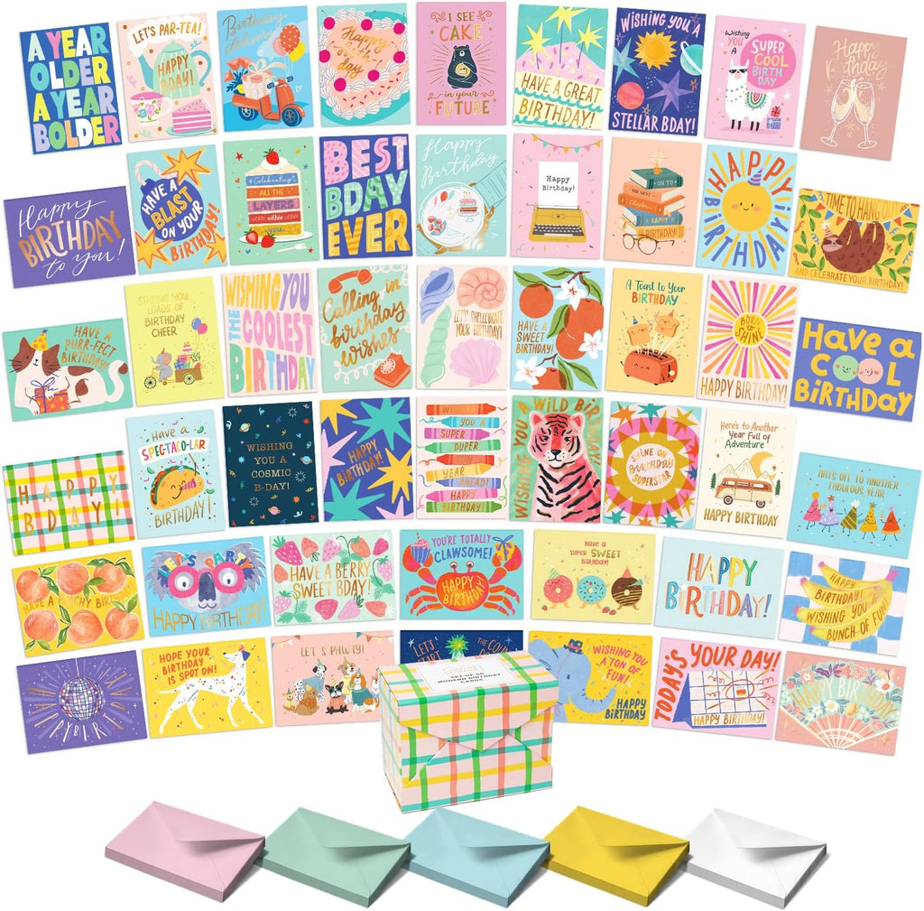 Happy Birthday Cards with Envelopes and Assortment Box – Variety Set of 50 Assorted Birthday Notes. Perfect Bulk Pack for Celebrations, Office, Friends, Family, and Special Occasions-4x5.5"