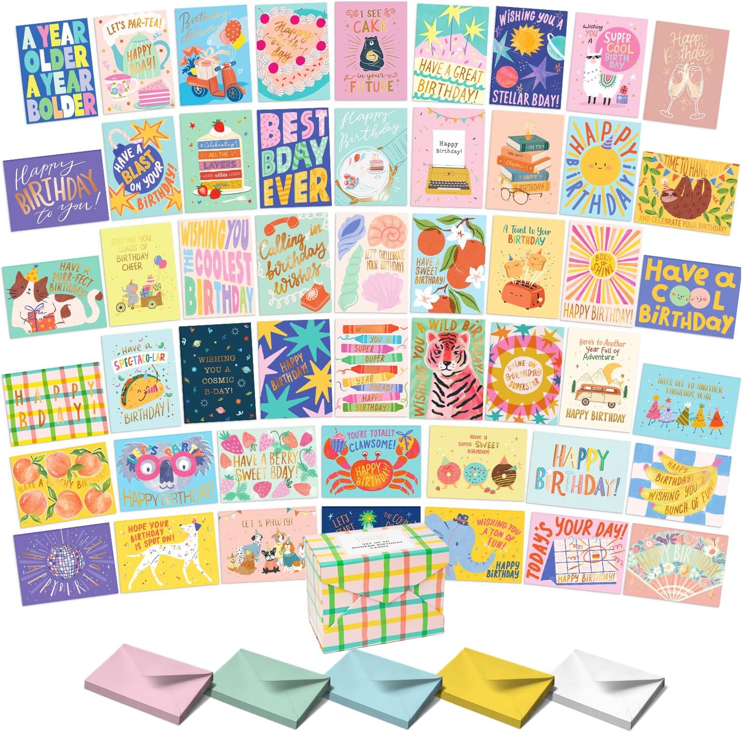 Happy Birthday Cards with Envelopes and Assortment Box – Variety Set of 50 Assorted Birthday Notes. Perfect Bulk Pack for Celebrations, Office, Friends, Family, and Special Occasions-4x5.5"