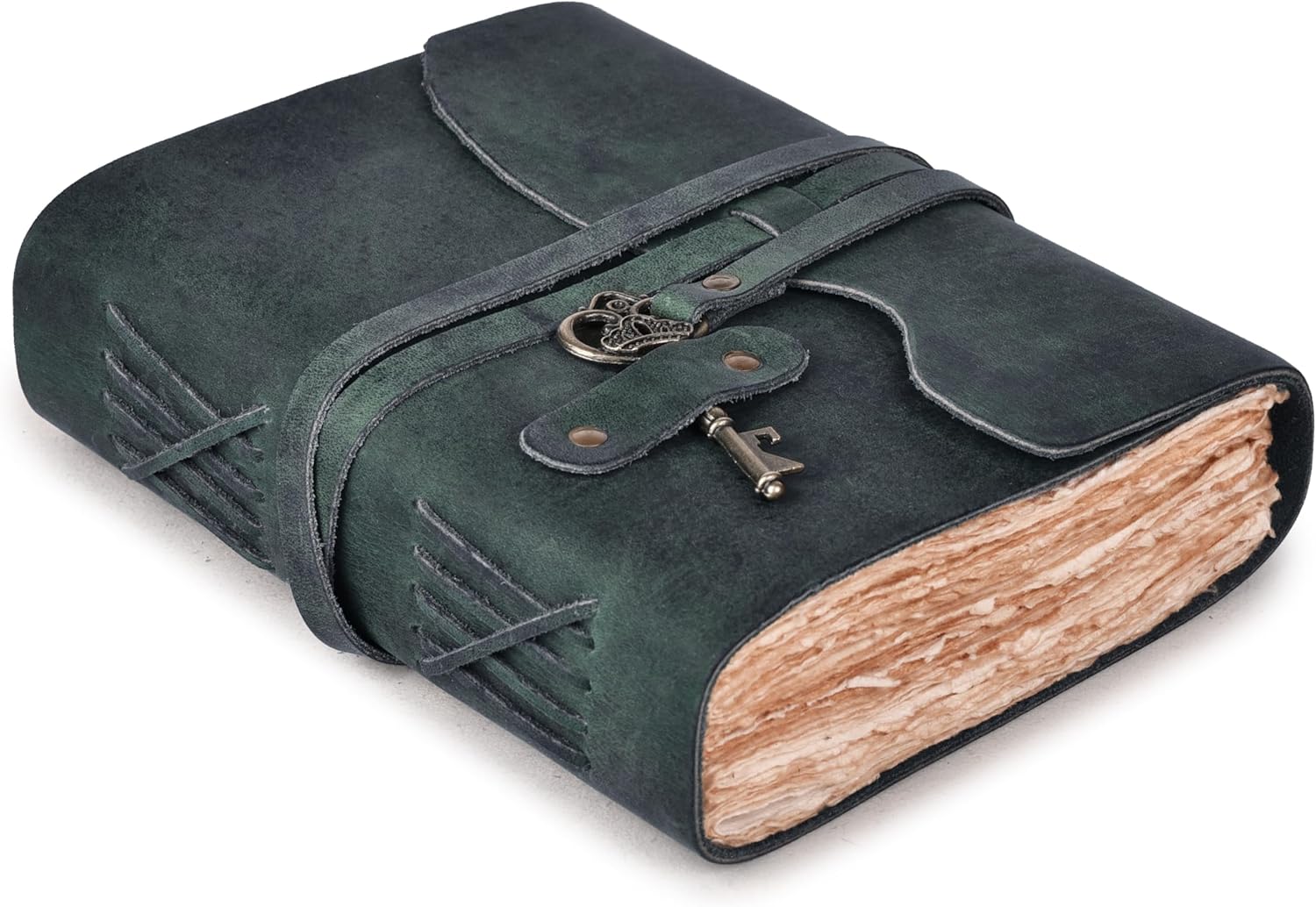 Vintage Leather Journal – 200 Handmade Vintage Watercolor Deckle Edge Paper – Leather bound Journal For Women Men – Key Lock Closure - Book of Shadows - Turquoise - 13X8 inches
