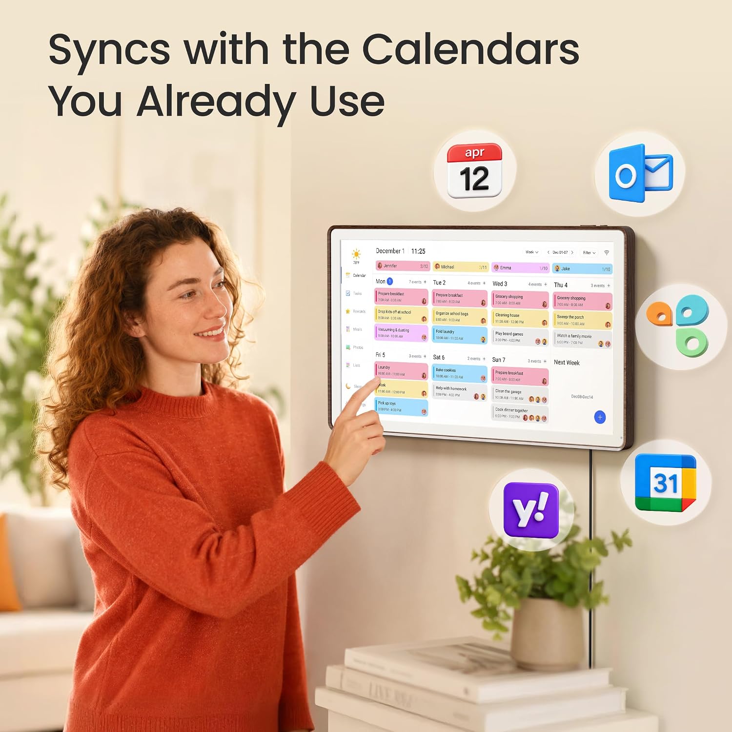 21.5" Digital Calendar for 2026, 1080P Full HD Interactive Touchscreen Family Planner, Electronic Wall Calendar for Family Schedules, Chore Chart & Meal Planning, Wall Mount or Desk Stand (21.5 Inch Rounded Chestnut)